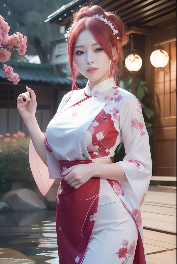 Sakura uchiha. A woman was in the yard at night. She was seen wearing a white cheongsam with red flowers on it. With a cleavage on the left. She had beautiful pink hair. His skin was so pale white. Her cheeks were rosy red and her tiny red lips tantalizing. He was looking into the camera. She looks so hot and realistic