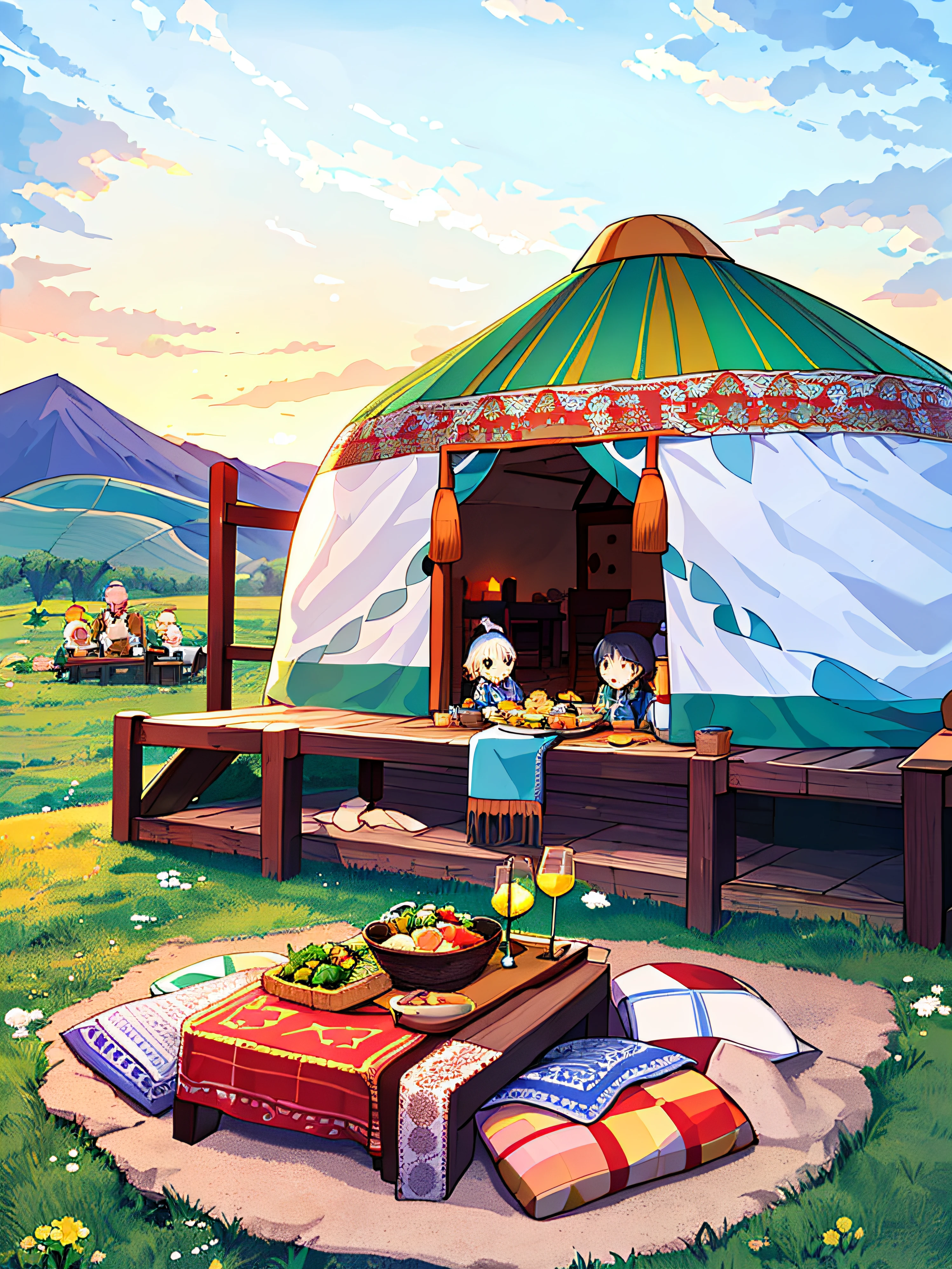 Five people sat at a table outside the yurt,delicacies,yurts, Outdoor camping yurts,Al fresco dining, the setting sun, green grasslands, Five people happy and happy,light up with pleasure,Mongolian girl, Family dinner,Joy and joy,Cartoon illustration,with blue sky and white clouds,Herds of cattle and sheep,Horses graze