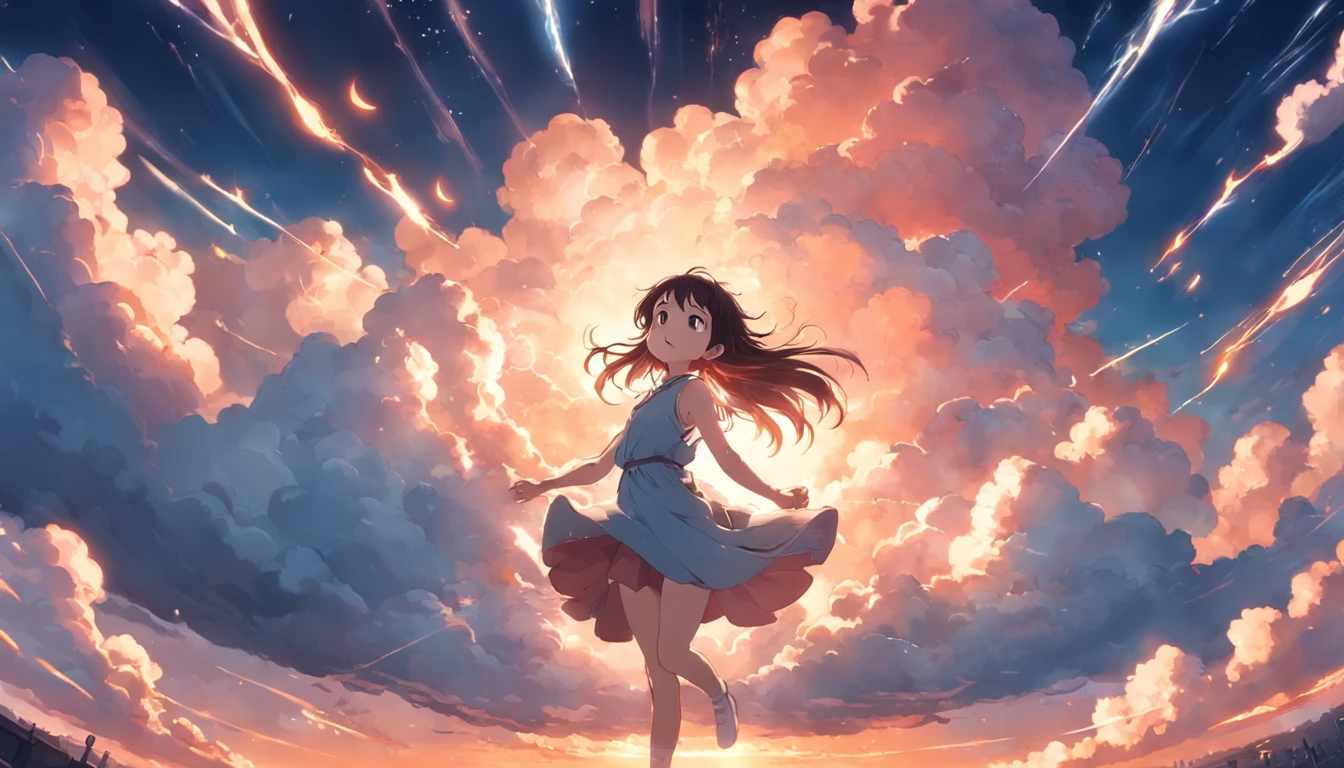 masterpiece, best quality, movie still, 1girl, cloud girl, floating in the sky, close-up, bright, happy, warm soft lighting, sunset, (sparks:0.7)