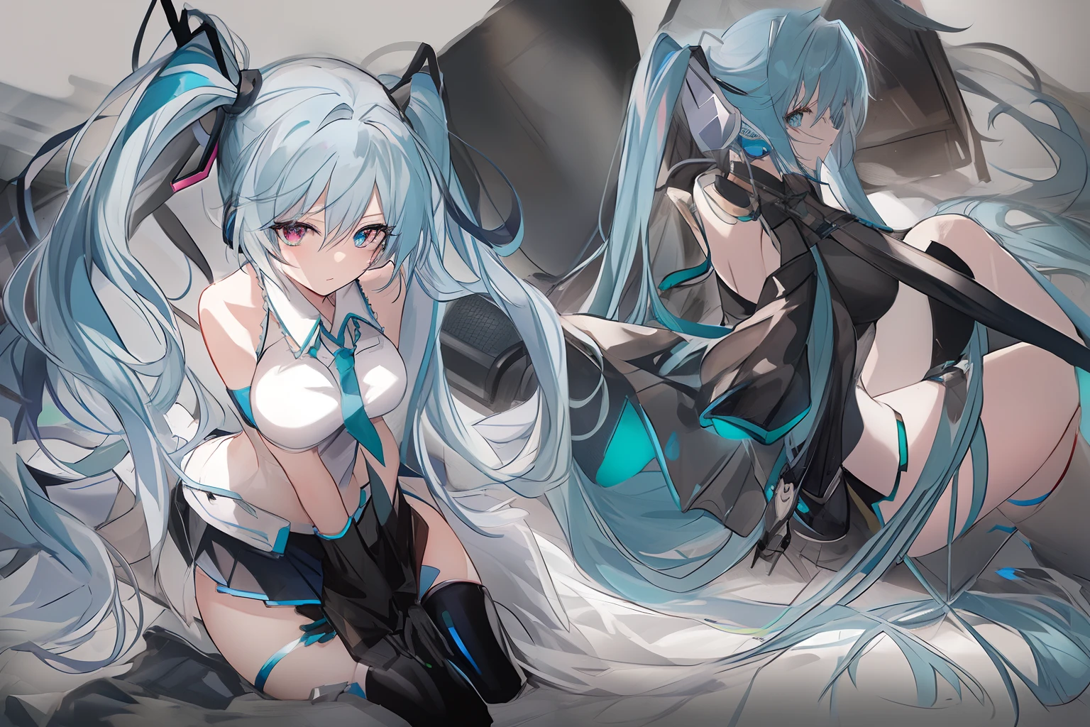 Let's start with a base illustration of a young female character. Adjust hair color to Hatsune Miku's iconic turquoise blue. Styling very long hair, Reach below the waist, With twin tails. Twin tails are evenly balanced、Make sure the top is properly wrapped. Gives hair a shiny look and slightly voluminous texture. large and young々Creates a cute expression, Expressive eyes. Eye color should be a bright blue tint. Give her a characteristic slim and petite body frame. Remove the distinctive outfit consisting of a sleeveless top, tie, and pleated skirts. Include teal and black shades in the color scheme. Include signature accessories such as futuristic headsets, microphone, Removable sleeve. Optionally, Add knee-high boots or thigh-high socks in the same tone. Provide a backdrop that complements aesthetics, futuristic city street, Concert stage with colorful lights, etc.. Due to the complexity of the instructions、Be careful, It can be difficult for AI to accurately generate images based on the exact specifications provided. Draw in sketch style, Similar to Idea Sketch. Drawings that look like they were drawn with a pencil. Messily drawn drawings. A picture drawn with hesitation.