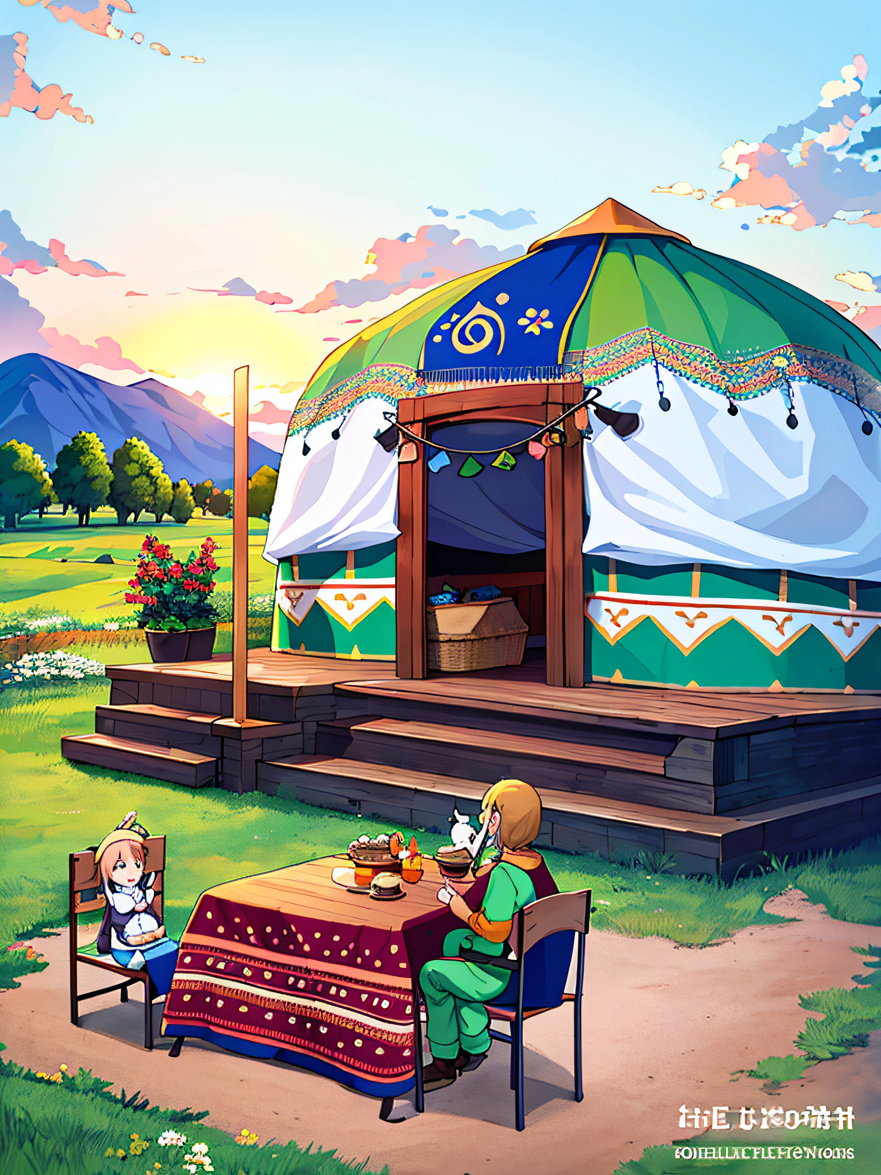 Five people sat at a table outside the yurt,delicacies，yurts, Outdoor camping yurts,Al fresco dining， the setting sun, green grasslands, Five people happy and happy,light up with pleasure，Mongolian girl, Family dinner,Joy and joy,Cartoon illustration，with blue sky and white clouds，Herds of cattle and sheep，Horses graze