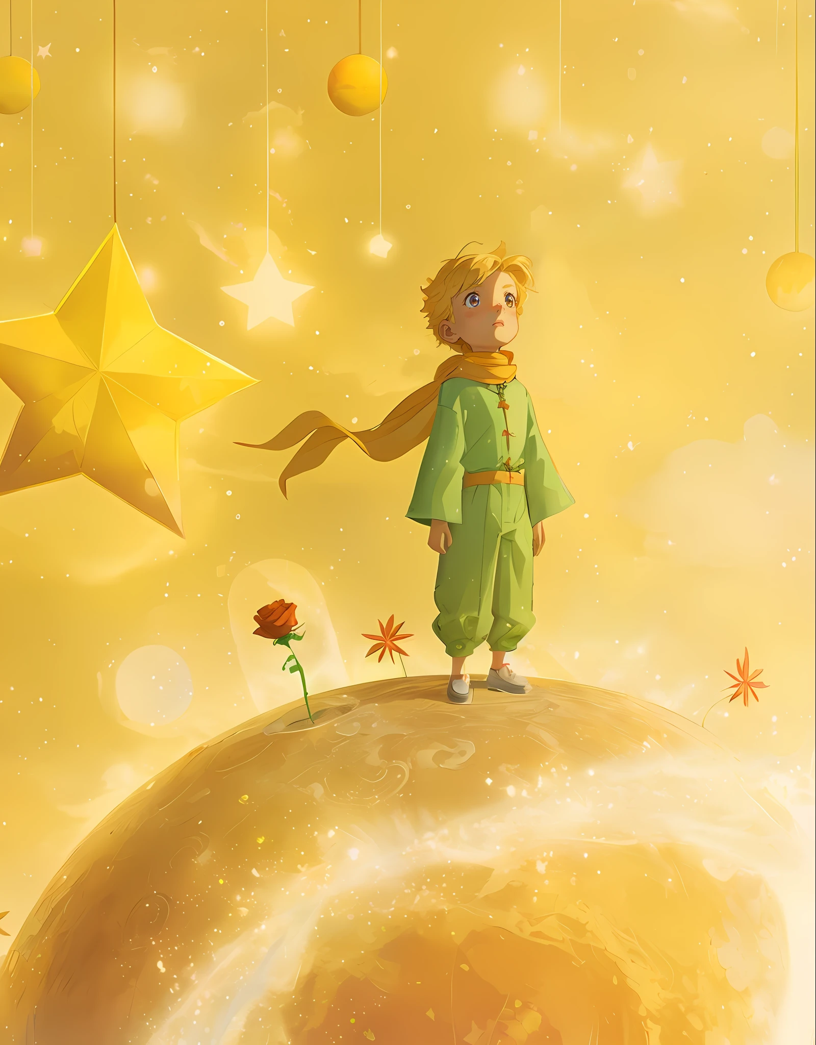 there is a cartoon picture of a blonde boy standing on a giant orange moon with a red rose, the little prince, key art, fan art, official art, illustration!, animation film, animated film, artistic render, oscar winning animation, production art, promotional art, award winning animation, illustartion, illustration”, dreamy art, concept art artwork masterpiece, 2 d cg, cg art