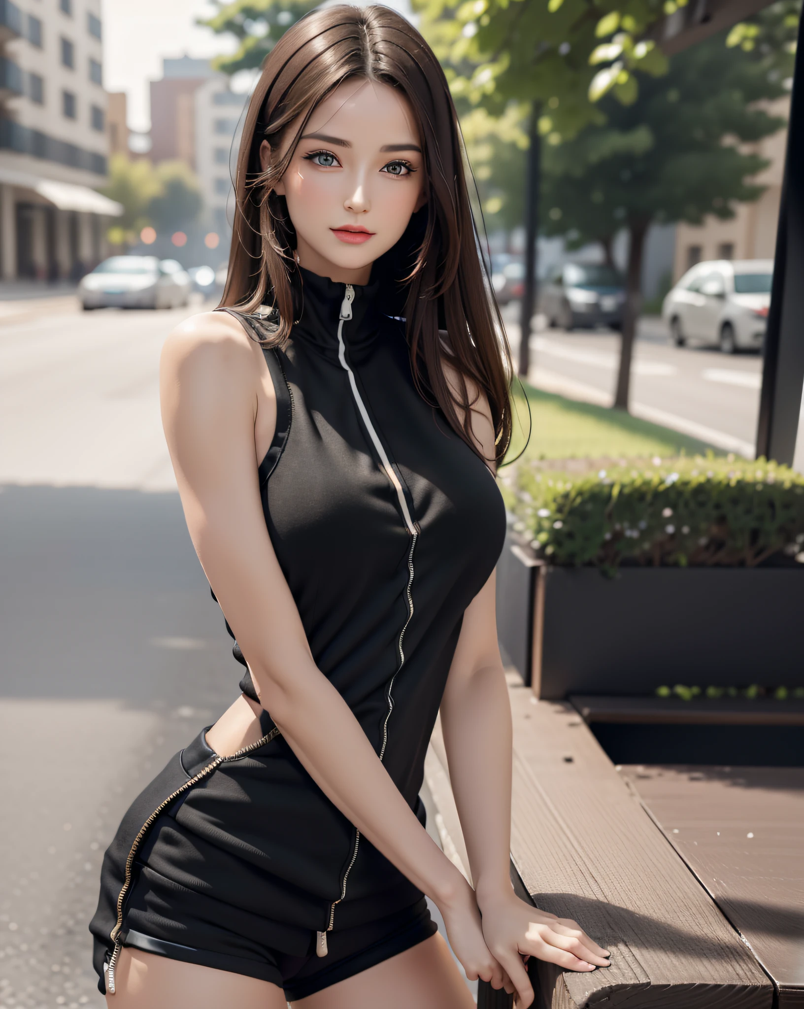 (1girl:1.3, solo), (Masterpiece, best quality, photorealistic, highres, photography, :1.3), ultra-detailed, sharp focus, professional photo, commercial photo, (upper body:1.3), BREAK, 1 brunette girl, solo, European girl, hot model, highly detailed eyes and pupils, realistic skin, attractive body, medium-large breast:1.25, cleavage, extremely detailed hair, delicate sexy face, sensual gaze, shiny lips, BREAK, ((wearing a black zip tank tops sweatshirt:1.3)), (high-leg-cut sports shorts:1.3), outdoor, blurry background, (standing, fashion model posing, arms down, arms behind back), ((realistic, super realistic, realism, realistic detail)), perfect anatomy, perfect proportion, bokeh, depth of field, hyper sharp image, (attractive emotion, seductive smile, :d, ;p),