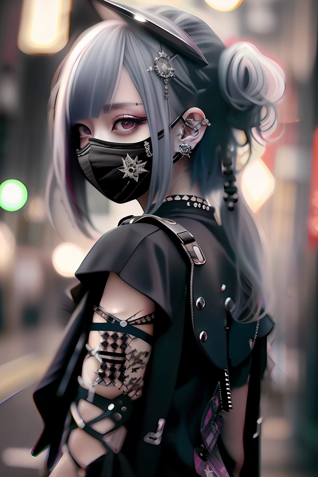 goth_punk, 1girl in, 独奏, medium shot, Walking in Harajuku, ((during night)), bokeh dof, neon light, iridescent eyes, starrysky, a blond,Black mesh hair、 Black eyebrows, Radiant hair, (iridescent white hair), 耳Nipple Ring, bangss, jewely, masks, bluntbangs, verd s eyes, Mouth mask, blurry backround, bblurry, hair adornments, Look at viewers, shorth hair, portraitures, side locks