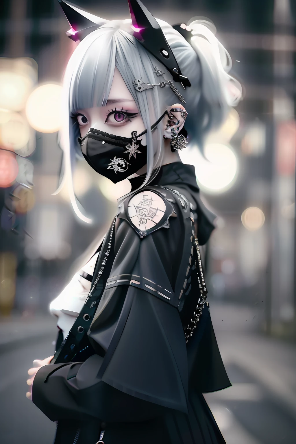 goth_punk, 1girl in, 独奏, medium shot, Walking in Harajuku, ((during night)), bokeh dof, neon light, iridescent eyes, starrysky, a blond,Black mesh hair、 Black eyebrows, Radiant hair, (iridescent white hair), 耳Nipple Ring, bangss, jewely, masks, bluntbangs, verd s eyes, Mouth mask, blurry backround, bblurry, hair adornments, Look at viewers, shorth hair, portraitures, side locks