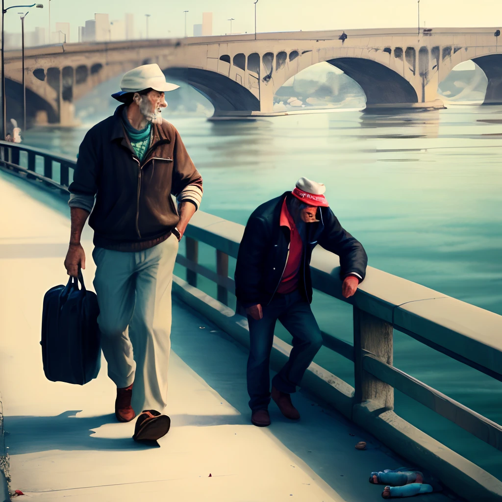 male people,smokes,down and out,Ruffian,Shore,On the bridge