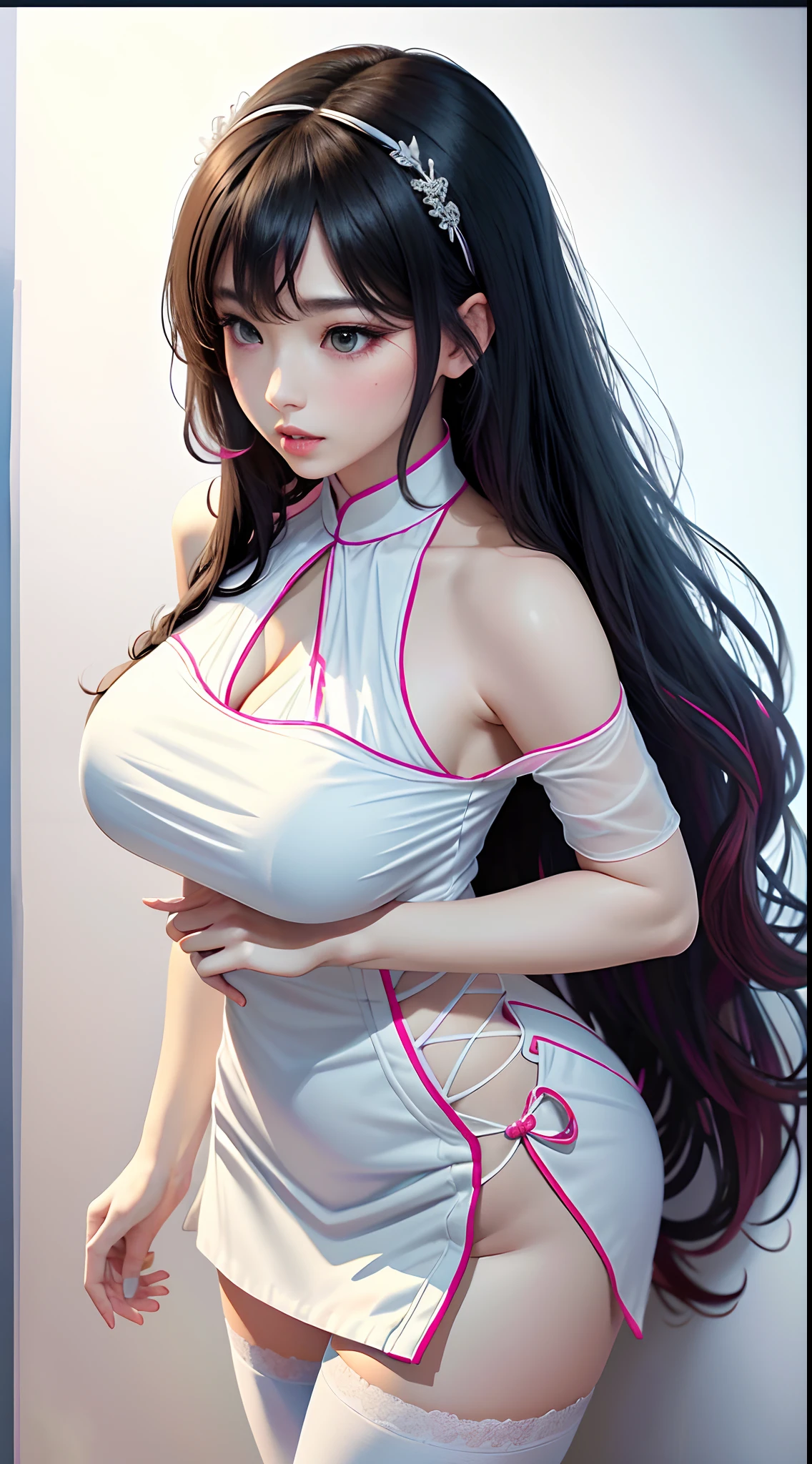 (masterpiece, best quality, ultra high res, beautiful detailed hair detailed face, perfect feminine face), cute anime girl in long white gown wearing, long sleeves, wide sleeves, straight black hair, black eyes, almond-shape eyes, big red lips, flushed, blushed, light particle, sparkling particle