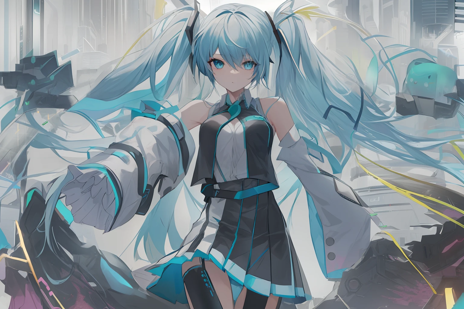 Let's start with a base illustration of a young female character. Adjust hair color to Hatsune Miku's iconic turquoise blue. Styling very long hair, Reach below the waist, With twin tails. Twin tails are evenly balanced、Make sure the top is properly wrapped. Gives hair a shiny look and slightly voluminous texture. large and young々Creates a cute expression, Expressive eyes. Eye color should be a bright blue tint. Give her a characteristic slim and petite body frame. Remove the distinctive outfit consisting of a sleeveless top, tie, and pleated skirts. Include teal and black shades in the color scheme. Include signature accessories such as futuristic headsets, microphone, Removable sleeve. Optionally, Add knee-high boots or thigh-high socks in the same tone. Provide a backdrop that complements aesthetics, futuristic city street, Concert stage with colorful lights, etc.. Due to the complexity of the instructions、Be careful, It can be difficult for AI to accurately generate images based on the exact specifications provided. Draw in sketch style, Similar to Idea Sketch. Drawings that look like they were drawn with a pencil. Messily drawn drawings. A picture drawn with hesitation.