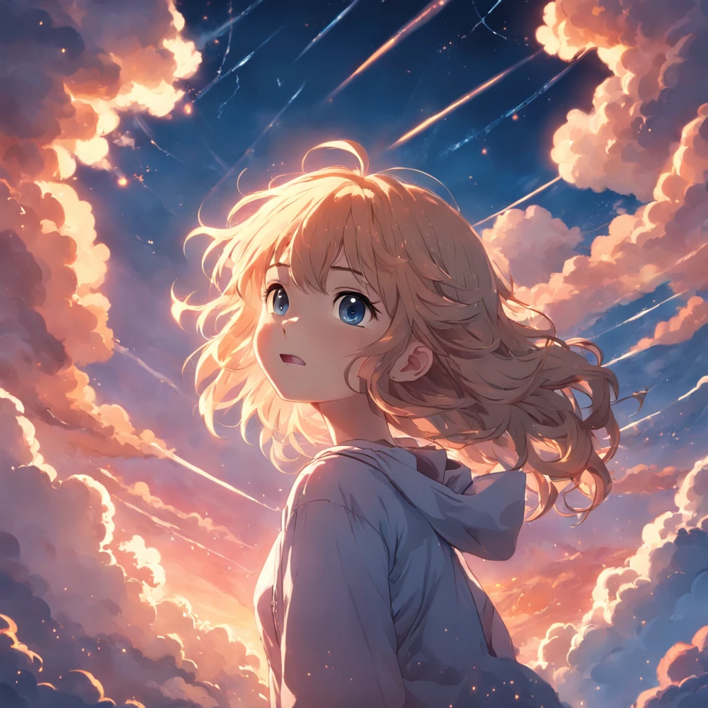 masterpiece, best quality, movie still, 1girl, cloud girl, floating in the sky, close-up, bright, happy, warm soft lighting, sunset, (sparks:0.7)
