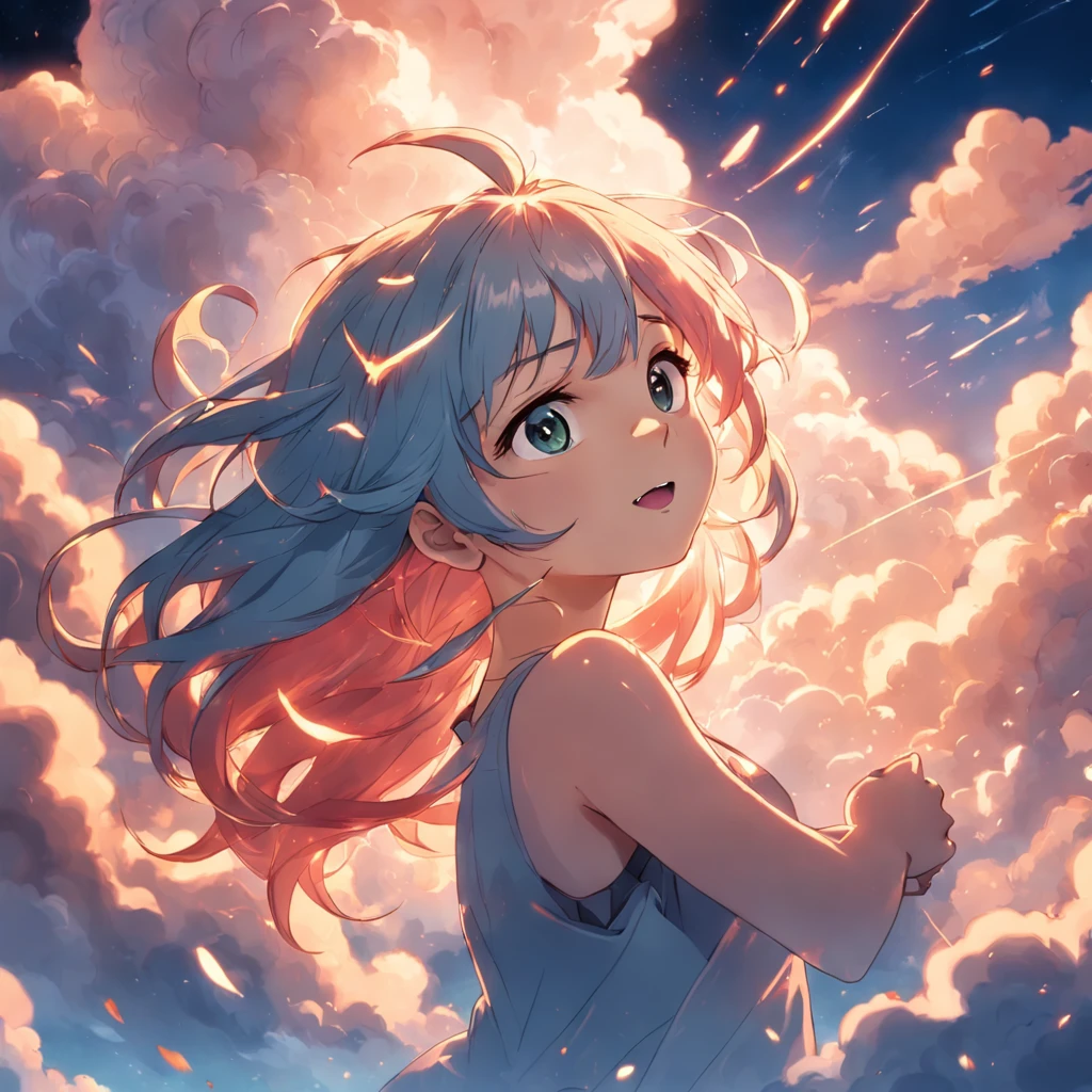 masterpiece, best quality, movie still, 1girl, cloud girl, floating in the sky, close-up, bright, happy, warm soft lighting, sunset, (sparks:0.7)