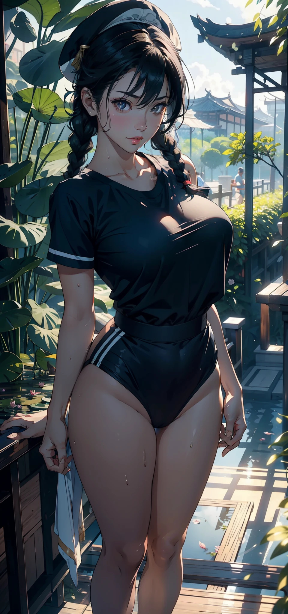 1female,35yo,熟妇,long leges,Big breasts Thin waist,Slim,huge-breasted ,Pornographic exposure, 独奏,(Background with:bamboo forrest,lotuses,lotus flower,exteriors,Lotus pond) She has short black hair,Twist braids,standing on your feet,Sweat profusely,drenched all over the body,seen from the front, hair straight, mostly cloudy sky,(((tmasterpiece),(Very detailed CG unity 8K wallpaper),best qualtiy,cinmatic lighting,detailed back ground,beatiful detailed eyes,Bright pupils,Black eyes,(Very fine and beautiful),(Beautiful and detailed eye description),ultra - detailed,tmasterpiece,)),facing at camera,A high resolution,ultra - detailed),revealing breasts,Bare genitalia, Bulge,legs are open,Raised sexy,Camel toes,Flushed complexion,Open-mouthed,frontage,Sailor's cap(Wearing:Blue sailor uniform,athletic sneakers)Full body photo,Show shoes