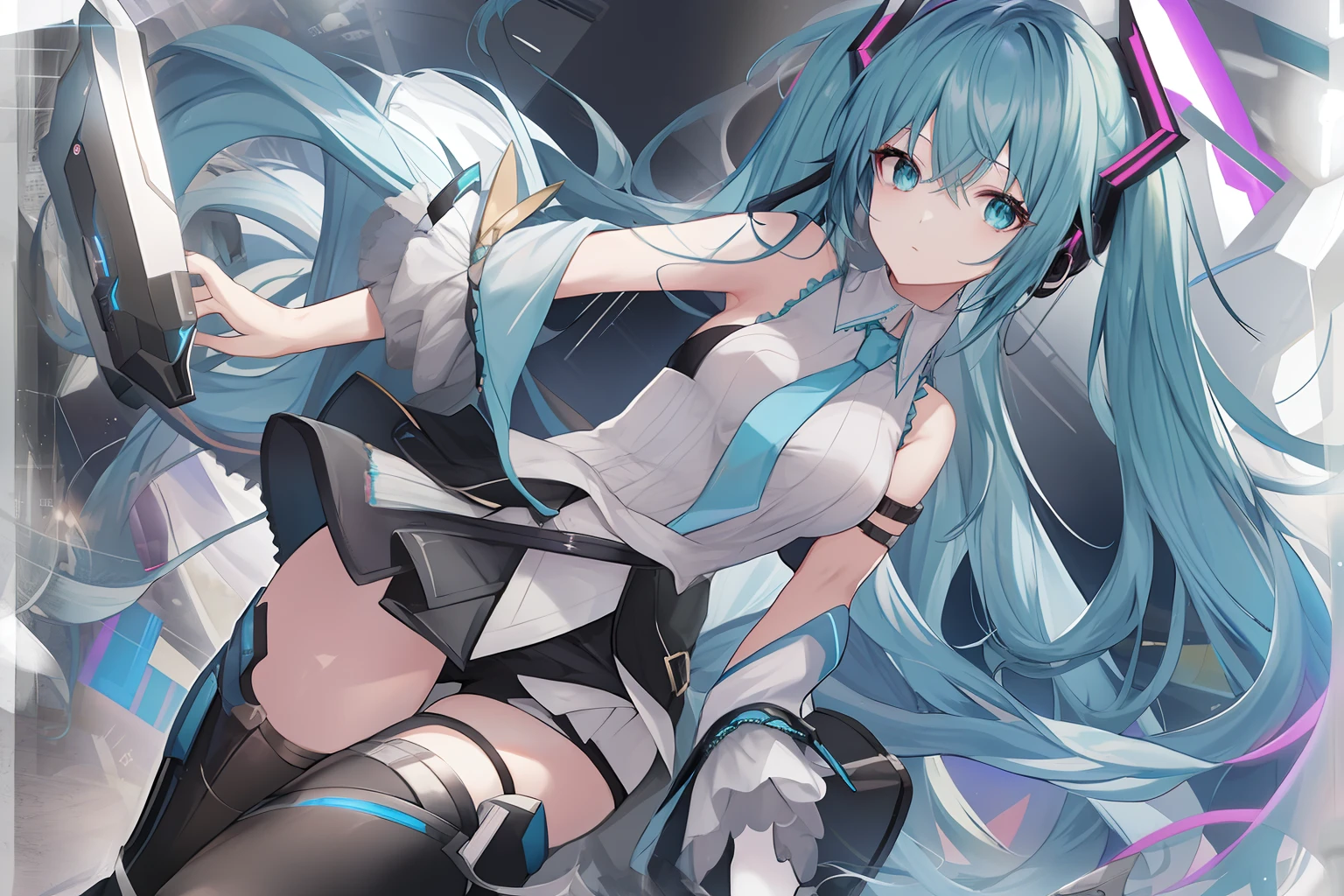 Let's start with a base illustration of a young female character. Adjust hair color to Hatsune Miku's iconic turquoise blue. Styling very long hair, Reach below the waist, With twin tails. Twin tails are evenly balanced、Make sure the top is properly wrapped. Gives hair a shiny look and slightly voluminous texture. large and young々Creates a cute expression, Expressive eyes. Eye color should be a bright blue tint. Give her a characteristic slim and petite body frame. Remove the distinctive outfit consisting of a sleeveless top, tie, and pleated skirts. Include teal and black shades in the color scheme. Include signature accessories such as futuristic headsets, microphone, Removable sleeve. Optionally, Add knee-high boots or thigh-high socks in the same tone. Provide a backdrop that complements aesthetics, futuristic city street, Concert stage with colorful lights, etc.. Due to the complexity of the instructions、Be careful, It can be difficult for AI to accurately generate images based on the exact specifications provided. Draw in sketch style, Similar to Idea Sketch. Drawings that look like they were drawn with a pencil. Messily drawn drawings. A picture drawn with hesitation.