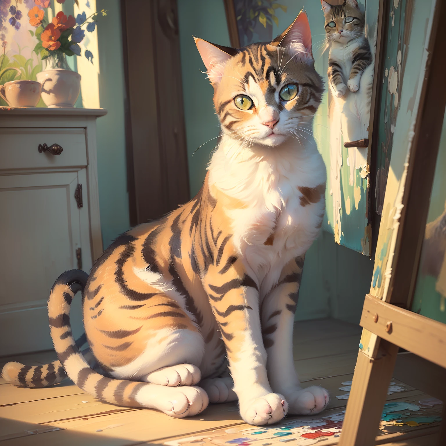 ((((Impressionist-style painting), (cat portrait)), soft brush strokes, vibrant colors, dreamy atmosphere, soothing, peaceful, focus on the cat's eyes and fur texture), cozy interior background, streaming sunlight, warm and inviting, relaxed pose, content expression, whiskers, playful light and shadows)