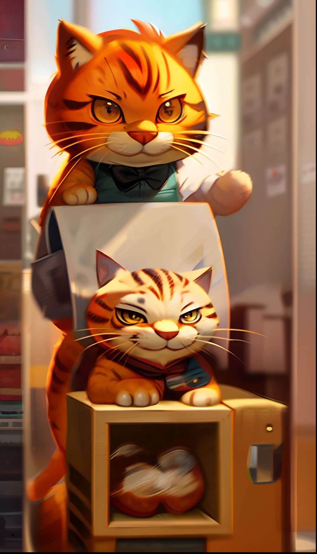 There is an image of a cartoon SMILE cat sitting in a glass , Garfield, Garfield, o gato, Com Garfield, o gato dos desenhos animados, Garfield eating bread , Quadrinhos de Garfield, Retrato de Garfield, Eldritch abomination Garfield, Garfield Catface, Highly detailed VFX espresso,4k mascote de cereais, Kenny Wong x Pop Mart, toon aesthetic, CGI inicial