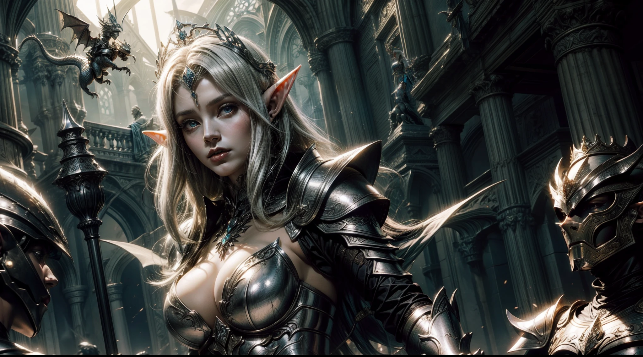 Female elf,Large breasts,Silver armor,tiara crown,dramatics,Fly on a dragon
