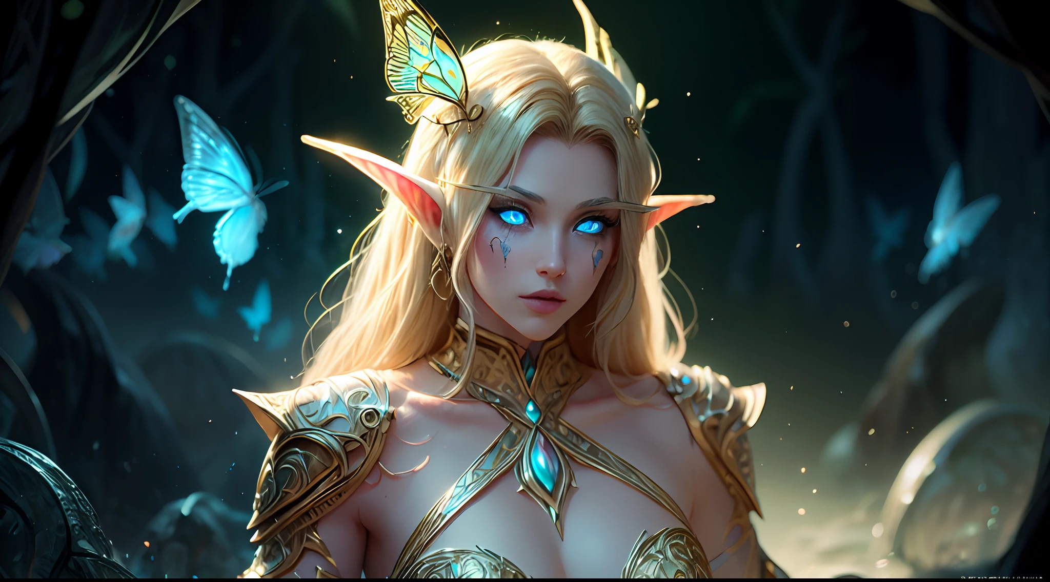 Beautiful elves, Fantasy style, Blue eyes,hero pose, Beautiful tattoos on your body,((Intricate details)), hdr, Dramatic,magic, Long blonde hair, White and gold details cover the armor of body parts, black forest background, magic, faeries, and neon yellow butterflies