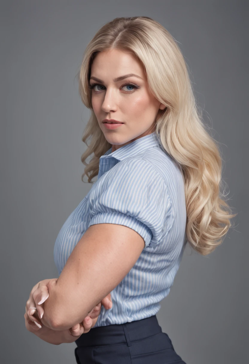Portrait of a cute extremely muscular busty blonde female soccer mom that looks nervous as her very huge muscles are on the verge of shredding her blue striped buttoned up collared oxford blouse and white pencil skirt . Muscular build, huge tits, 6 pack abs, wide hips, massive ass, thicc, very curvy, huge, broad shoulders, muscular arms, muscular legs