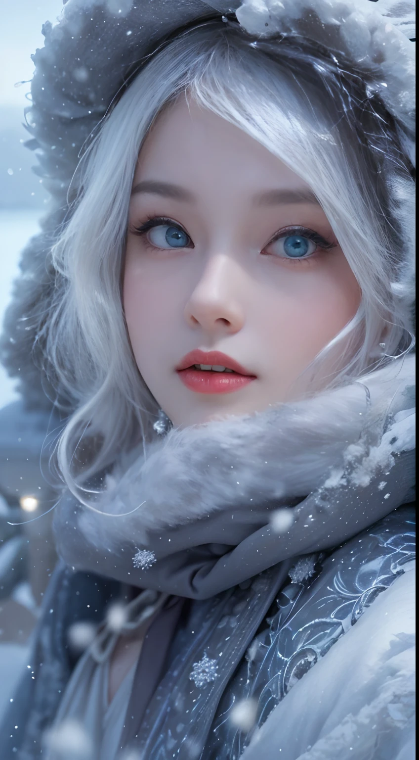 Photorealistic, high resolution, 1 Women, Solo, (Lolita costume)，Gorgeous costumes，Face the audience，The upper part of the body，upper legs， beautidful eyes, White hair, ringed eyes, (outside，Heavy snowfall，Cloak，Cover with snow)，snowfield，Blue eyes，Illustrations of the highest quality，A meticulous face