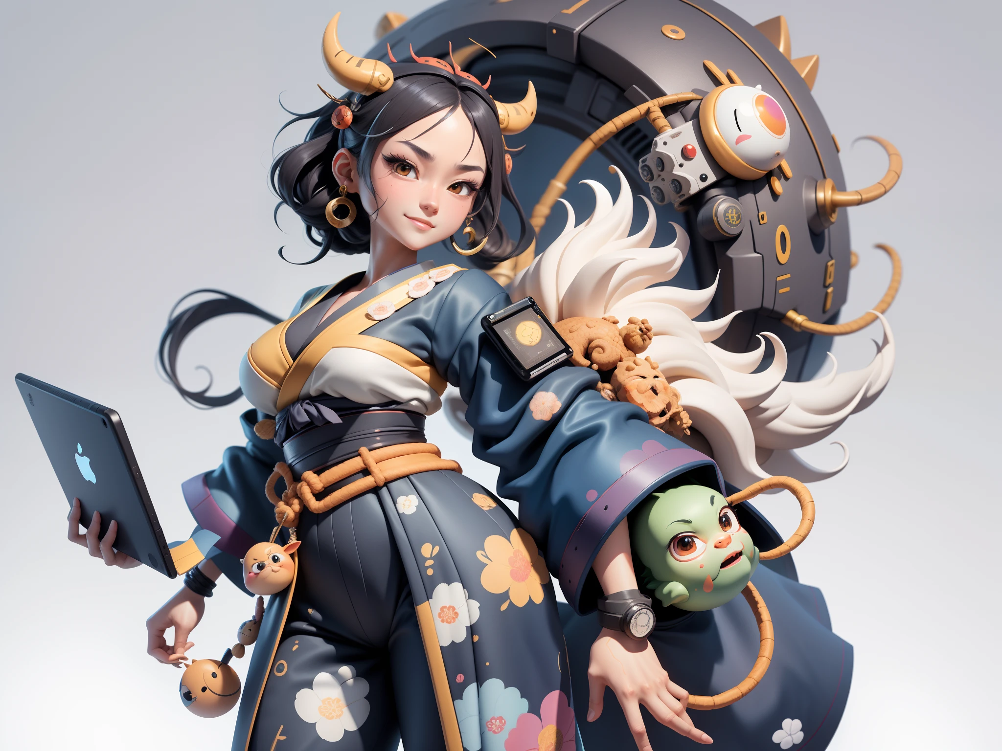 (Daisaku),(Need),(Super meticulous),(full bodyesbian:1.2),Japanese ukiyo-e girl，japanese geisha，Beautiful，Oriental dragon，Aeolian Thor，Raised sexy，爆乳，Oriental face，TV Anchor，Bust portrait illustration，Alone，In black suit，a blue tie，The face is slightly chubby，The face was clean，without a beard，Black super short hair，Black eyes，Smile confidently，3C computer sub-products，iPad， iphone，Digital painting，3D character design by Mark Clairen and Pixar and Hayao Miyazaki and Akira Toriyama，The illustration is a high-definition illustration in 4K resolution，With very detailed facial features and cartoon-style visuals。