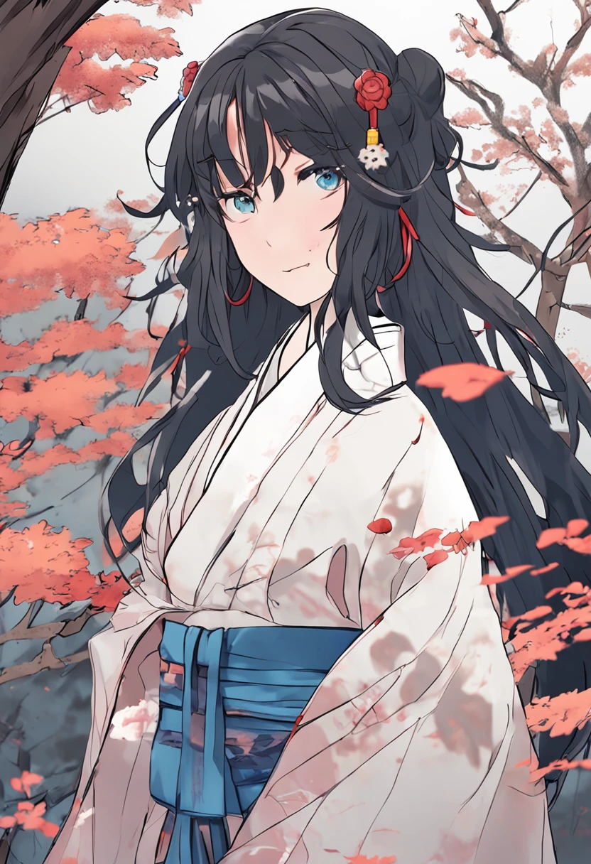 Anime girl with black hair and blue eyes in kimono, flowing hair and long robes, the piercing stare of yuki onna, nezuko-chan, inspired by Munakata Shikō, nezuko, from sengoku period, female anime character, ( ( ( yoshinari yoh ) ) ), a beautiful anime portrait, komono