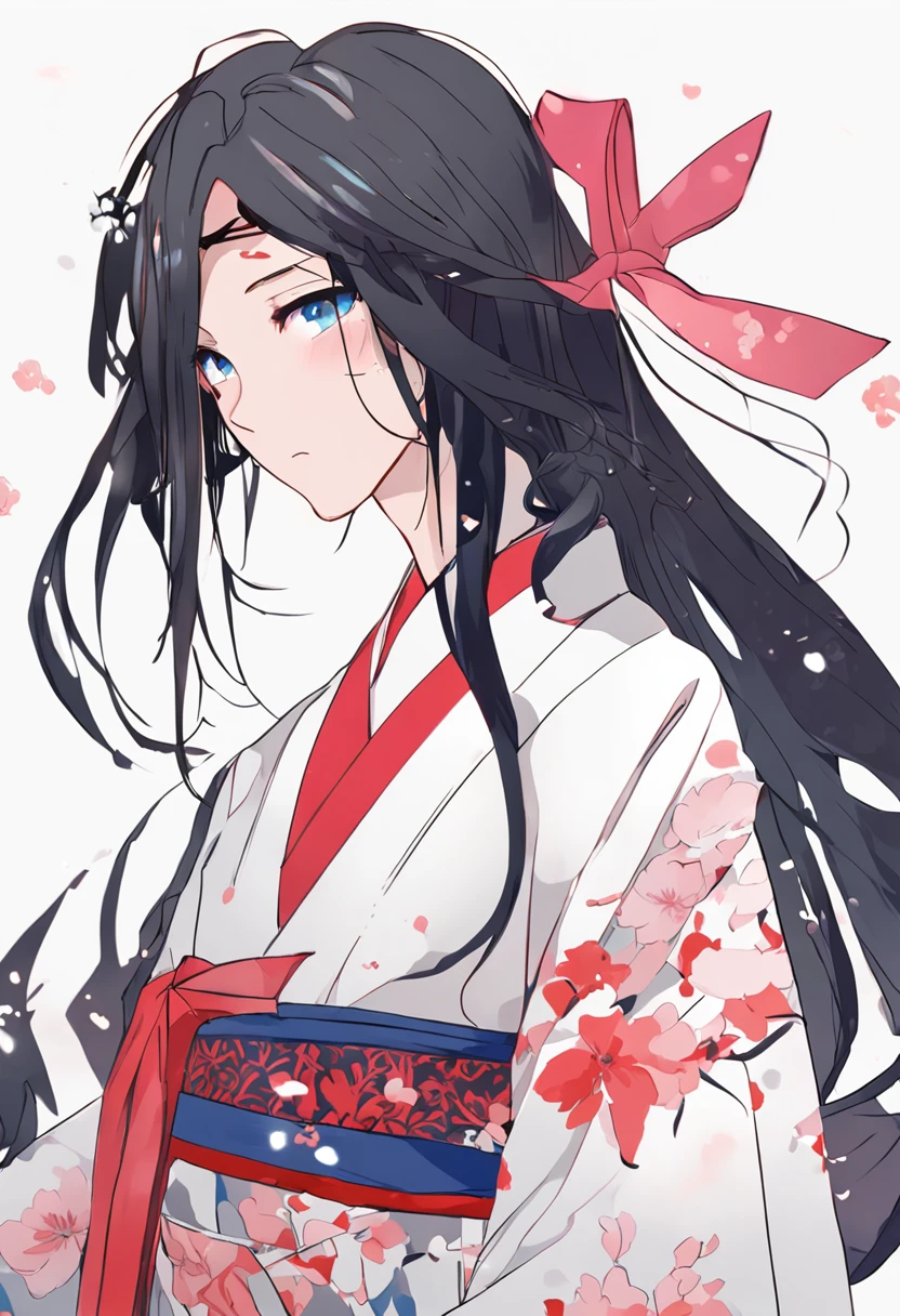 Anime girl with black hair and blue eyes in kimono, flowing hair and long robes, the piercing stare of yuki onna, nezuko-chan, inspired by Munakata Shikō, nezuko, from sengoku period, female anime character, ( ( ( yoshinari yoh ) ) ), a beautiful anime portrait, komono