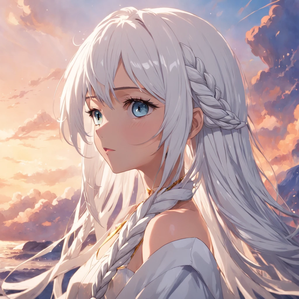 best quality, masterpiece,white hair, gold eyes,white clothes, looking up, upper body,hair strand,Fair skin,side braids