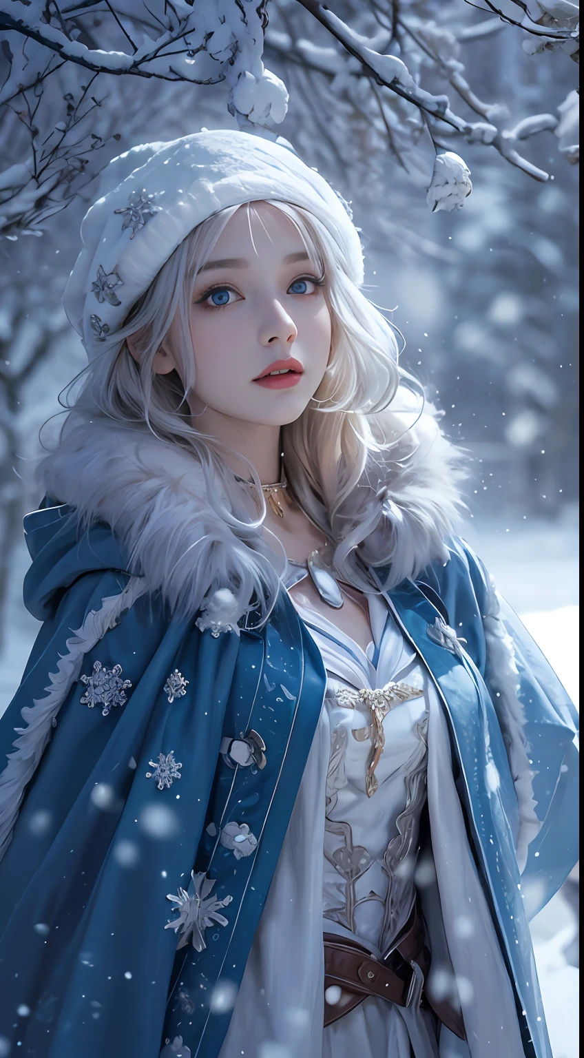 Photorealistic, high resolution, 1 Women, Solo, (Lolita costume)，Gorgeous costumes，Face the audience，The upper part of the body，upper legs， beautidful eyes, White hair, ringed eyes, (outside，Heavy snowfall，Cloak，Cover with snow)，snowfield，Blue eyes，Illustrations of the highest quality，A meticulous face