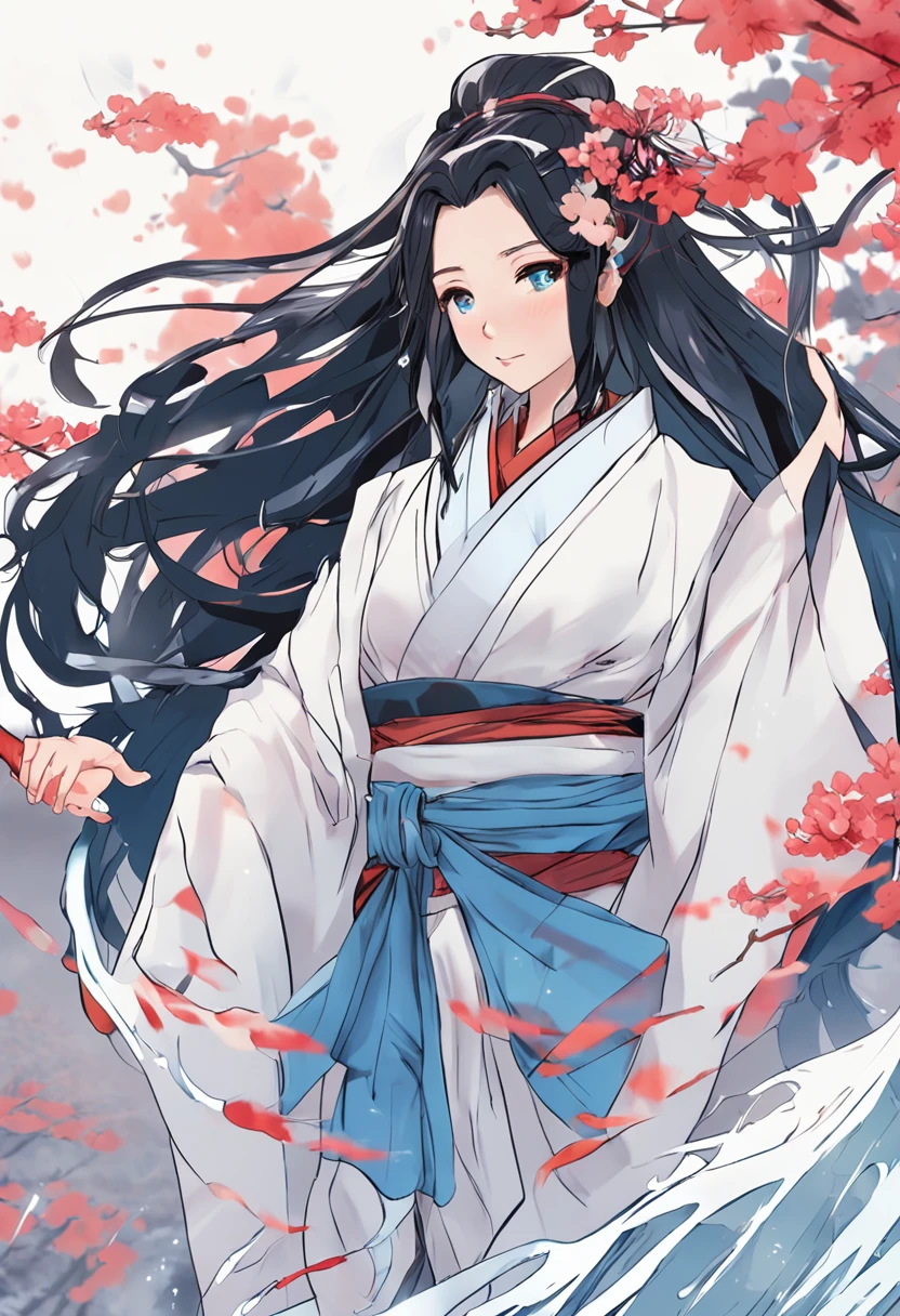 Anime girl with black hair and blue eyes in kimono, flowing hair and long robes, the piercing stare of yuki onna, nezuko-chan, inspired by Munakata Shikō, nezuko, from sengoku period, female anime character, ( ( ( yoshinari yoh ) ) ), a beautiful anime portrait, komono