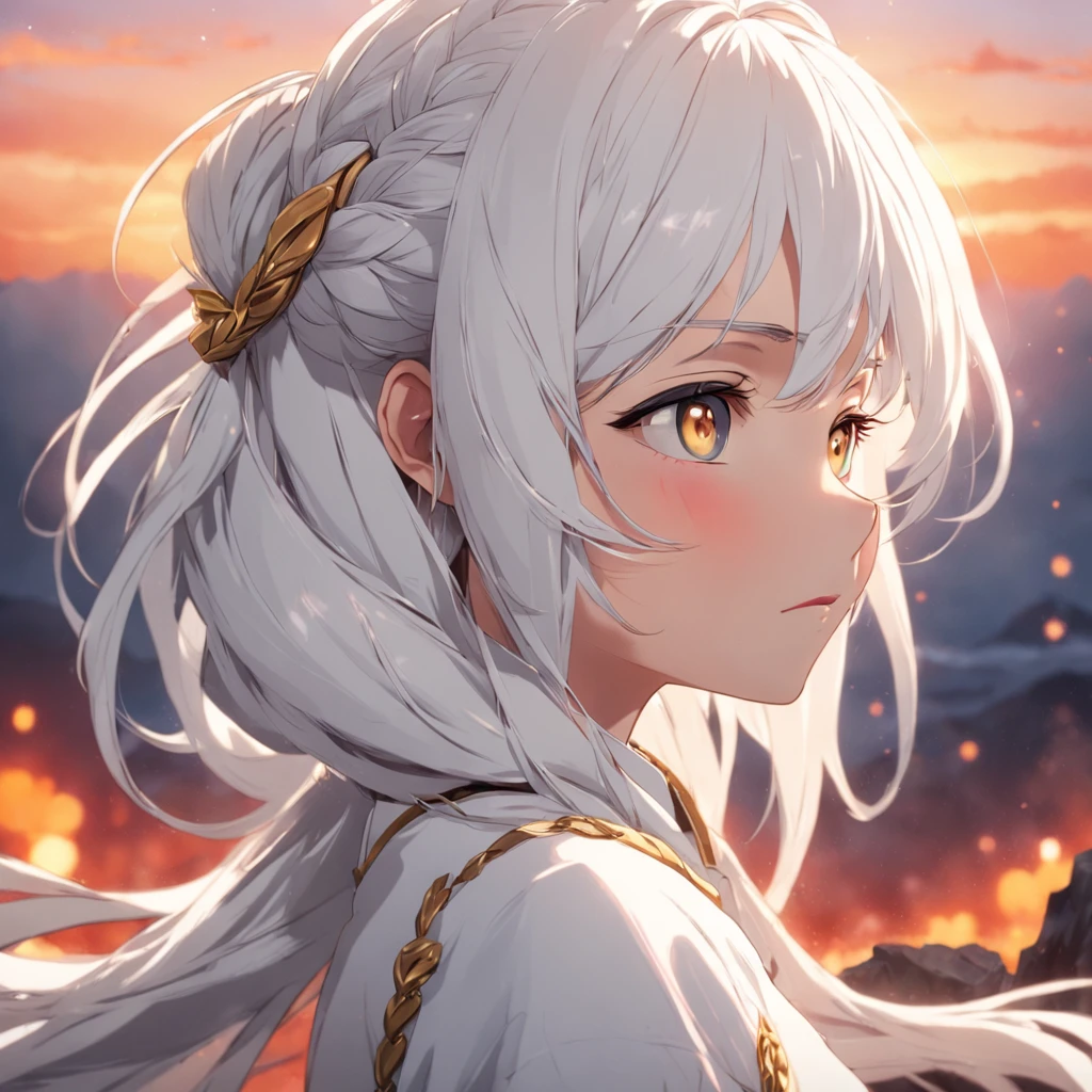 best quality, masterpiece,white hair, gold eyes,white clothes, looking up, upper body,hair strand,Fair skin,side braids