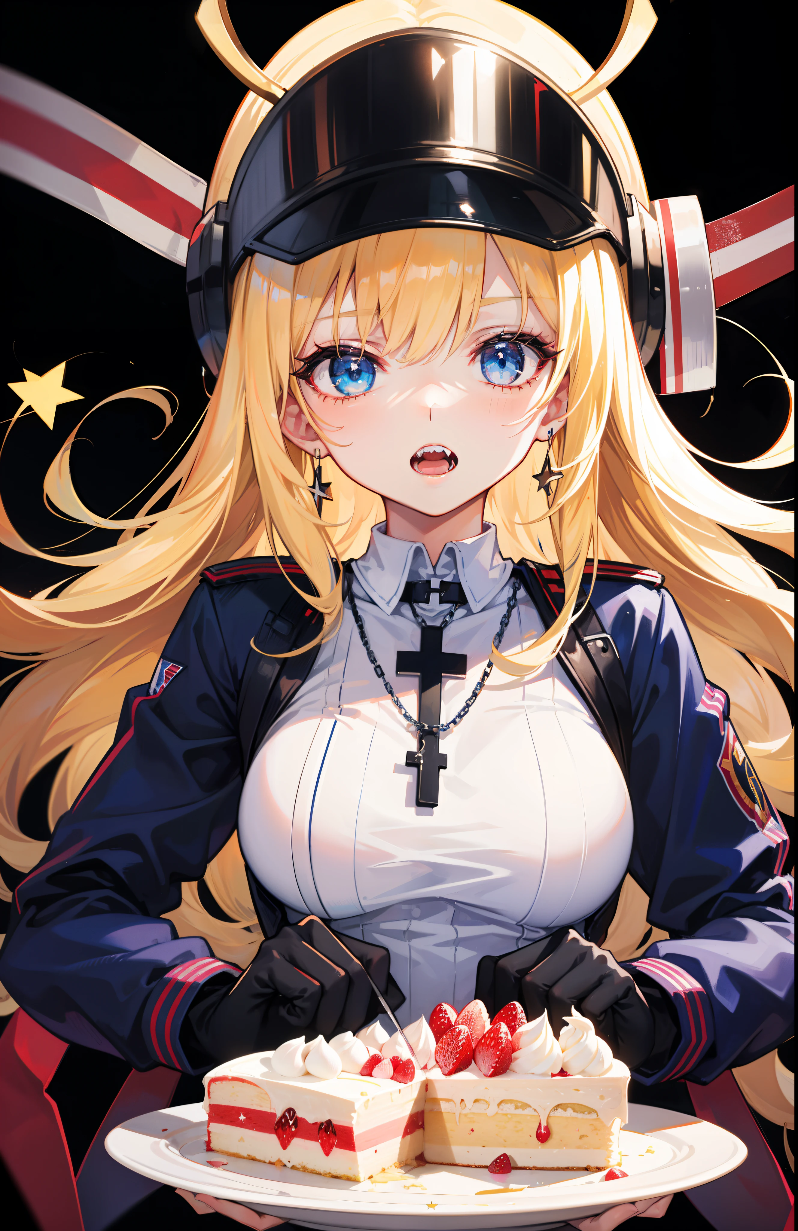 1girl,american_flag,black_background,blonde_hair,blue_eyes,cake,cross,cup,food,helmet,jewelry,long_sleeves,necklace,open_mouth,plate,sharp_teeth,solo,star_(symbol),teeth,transparent_background,union_jack,visor_cap