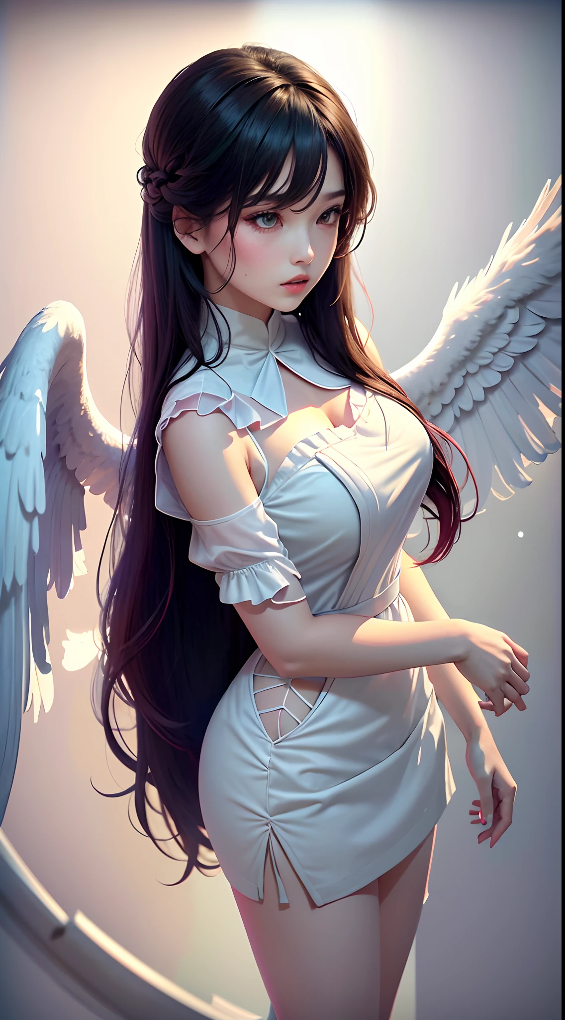 Ultra-realistic 8K CG, perfect face, perfect, clean, masterpiece, professional artwork, famous artwork, perfect face, beautiful face, beautiful eyes, black cleric suit, lace, open brests, beautiful black clothes, angel wings, delicate pattern, sitting, Fascinating, galactic space background, big moon in the back, flapping wings
