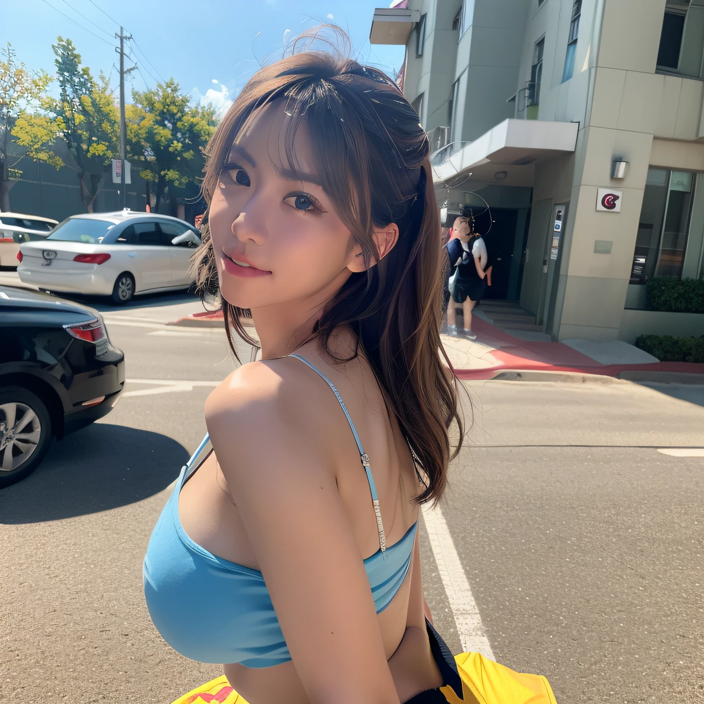 (8K, RAW photo, Best quality, Masterpiece:1.2), (Realistic, photo-realistic:1.37), Best quality, 超高分辨率, nfsw back lights, light  leaks, Dynamic lighting, Slim, Smooth skin, (PureErosFace_V1:1), Bond, navel, Kpop idol, (Beautiful detailed eyes:1),(Beautiful detailed face:1),(freebuffing:1.2), Outdoors, Ulzzang-6500, 1girll, standing, Upper body, (:1.2), , from the front side, Front view, view the viewer, Huge breasts, arms back behind, street, Sunlight,