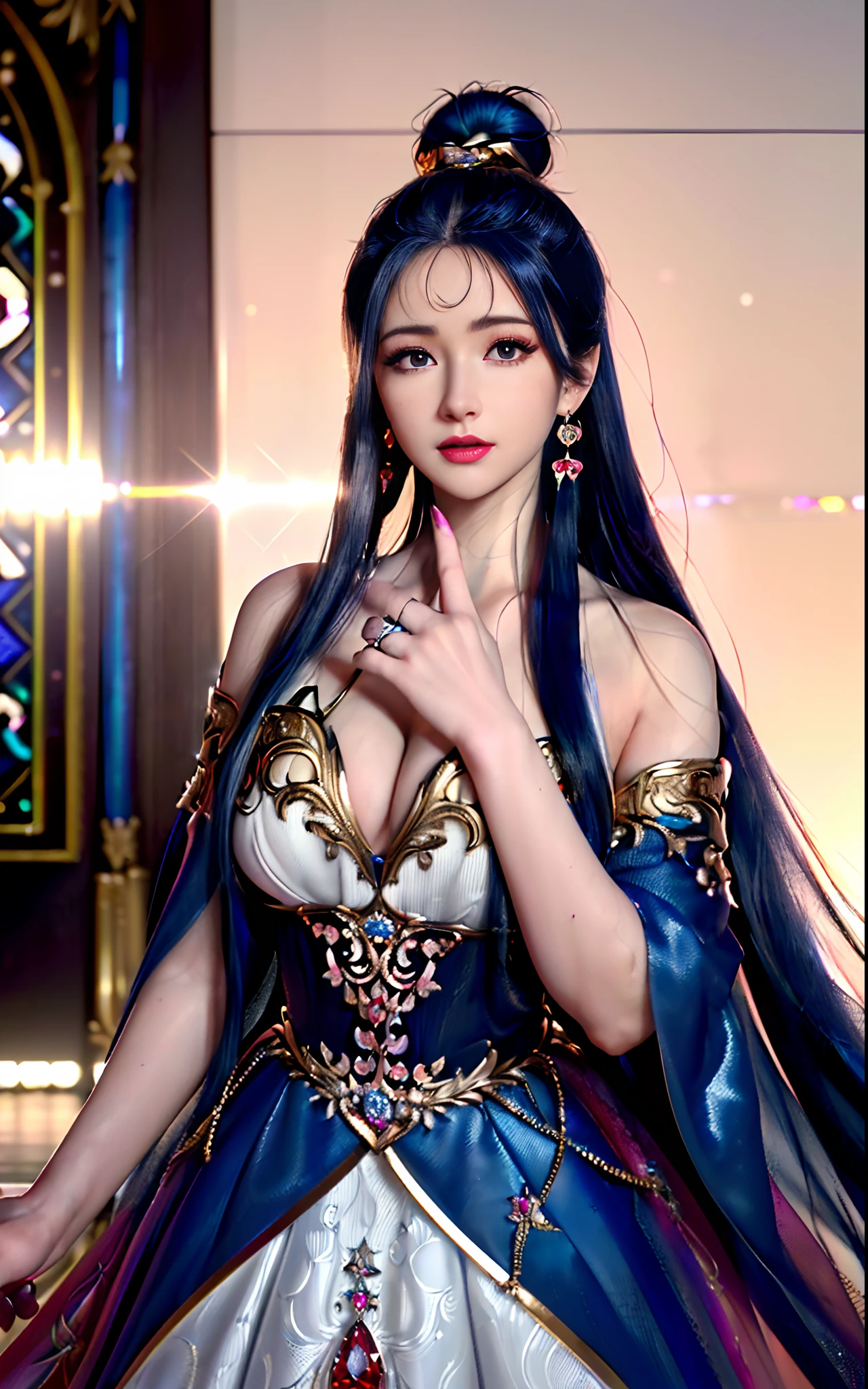 ((realisticity: 1.2)), ((realistic: 8K UHD)), ((best resolution: 8K UHD)), hyper detailed, best quality,masterpiece,highres,cg, ((1 girl hyper detailed and hyper realistic) ) , ((beautiful queen, hyper realistic and hyper detailed)),((white skin, beautiful, smooth, youthful, hyper realistic and hyper detailed )), ((Face hyper beautiful, white, hyper realistic and hyper detailed ) ), long hair, ((hyper realistic and hyper detailed dress)), solo, ((hyper realistic, hyper beautiful, beautiful and hyper detailed jewelry)), ((hyper beautiful deep red and golden yellow dress, hyper realistic and hyper detailed )) , ((Her pretty, hyper realistic, hyper detailed diamond filled earrings)), ((Her gorgeous diamond haircut, hyper realistic and hyper detailed)), ((hyper pretty upper body, hyper beautiful, hyper realistic and hyper detailed) ), ((medium breast: 1.1)), ((hyper realistic, hyper pretty, hyper detailed boobs)), ((the backgroun of the royal palace is hyper majestic, hyper realistic and hyper detailed)),((hands and palms hyper beautiful, hyper detailed, hyper realistic)), ((hyper detailed and hyper realistic fingers and fingernails)), ((hyper pretty fingernails, hyper vivid, hyper detailed, hyper realistic)), ((thumb, index finger, middle finger, ring finger, little finger hyper vivid, hyper pretty, hyper detailed, hyper realistic)), ((hyper beautiful fingers, hyper detailed, and hyper realistic)), ((posture not too fat and not too thin, hyper realistic, hyper detail)), ((hyper pretty, hyper pretty, hyper realistic and hyper detailed hair bun)), ((hyper pretty , hyper realistic and hyper detailed blue hair)), candid, Photo, high resolution, 8k , bokeh,
