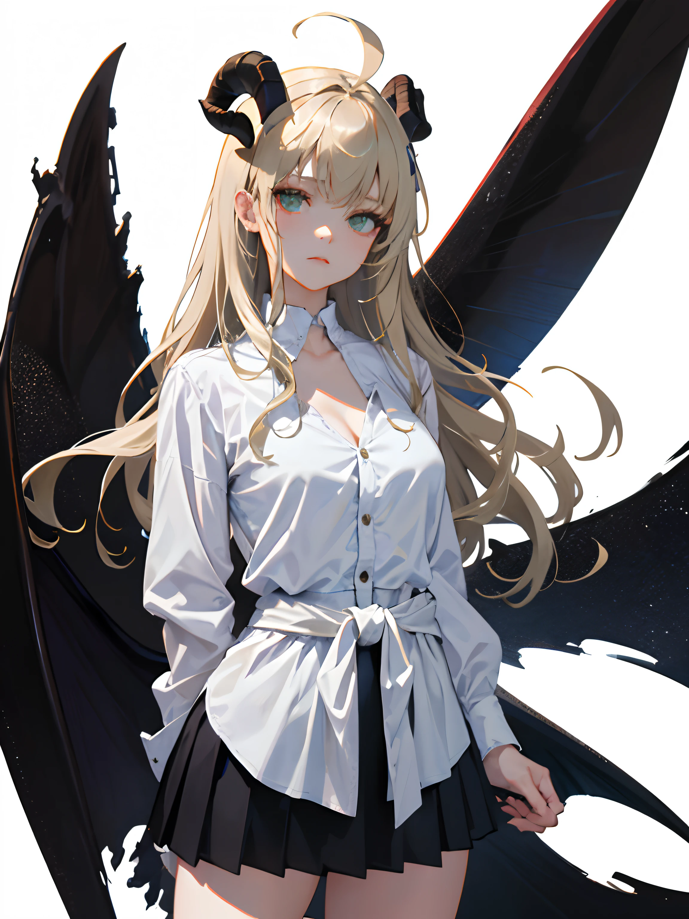 ((masterpiece, best quality)), (1girl), (solo), (female focus), (ahoge, ash blonde hair, long hair), green eyes, ((white shirt), (buttoned shirt)), ((black skirt), (short skirt)), standing, white background, arms behind back, bat wings on the waist, sheep horns, sad eyes, cold facial expression, cold look, pale skin, colour grading, dark illustration, extreme quality, radiant, extremely detailed, ultra-detailed face, ultra hd 8k, ultra digitality, mythical, dark lightning, sleepy eyes, detailed hands