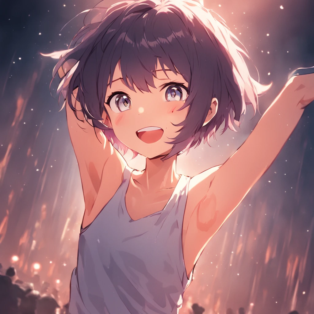 short hair, girl, presenting armpit, sleeveless, open mounth, smile