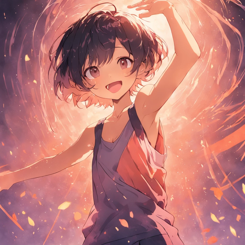 short hair, girl, presenting armpit, sleeveless, open mounth, smile