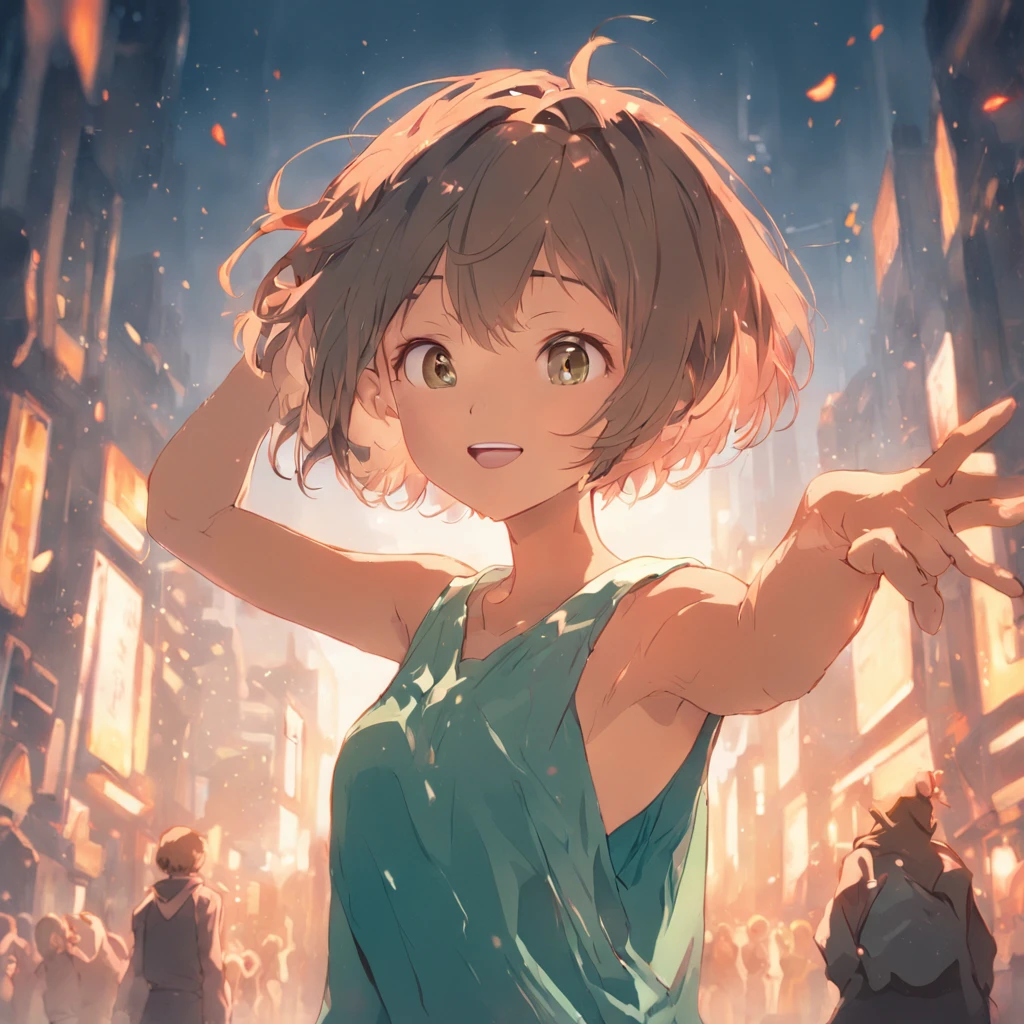 short hair, girl, presenting armpit, sleeveless, open mounth, smile