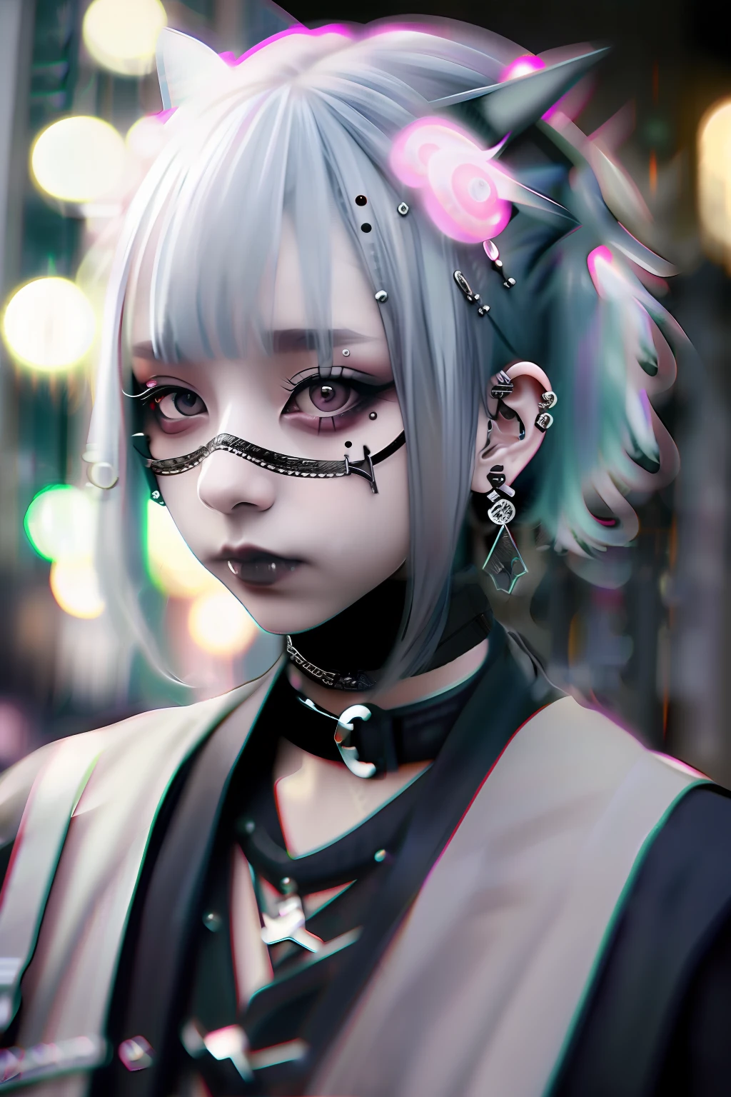 goth_punk, 1girl, solo, medium shot, walking in harajuku, ((night time)), bokeh, neon light, iridescent eyes, starry sky, white shimmer hair, white eyebrow, glowing hair, (iridescent white hair), earrings, bangs, jewelry, mask, blunt bangs, green eyes, mouth mask, blurry background, blurry, hair ornament, looking at viewer, short hair, portrait, sidelocks