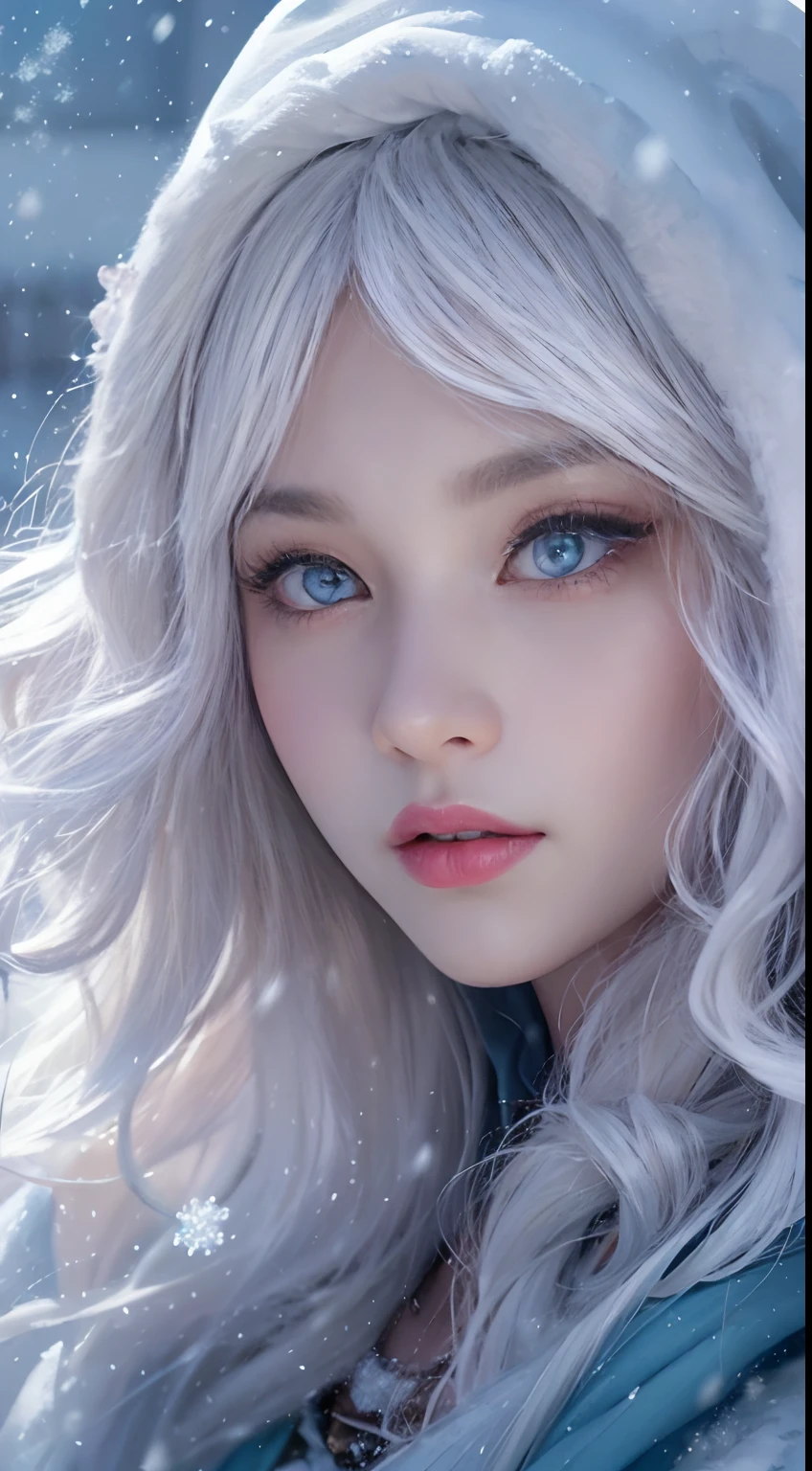 Photorealistic, high resolution, 1 Women, Solo, (Lolita costume)，Gorgeous costumes，Face the audience，The upper part of the body，upper legs， beautidful eyes, White hair, ringed eyes, (outside，Heavy snowfall，Cloak，Cover with snow)，snowfield，Blue eyes，Illustrations of the highest quality，A meticulous face