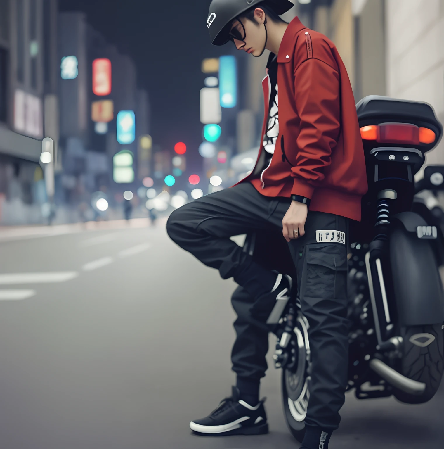 There was a man on a motorcycle on the street, street clothing, style of akira motion movie, streetwear fashion, inspired by Gang Hui-an, style digital painting, street clothing, in style of kar wai wong, japanese streetwear, realism art style, digital painting style, cyberpunk streetwear, inspired by Gang Se-hwang, Photorealistic!!!!!!! Art style