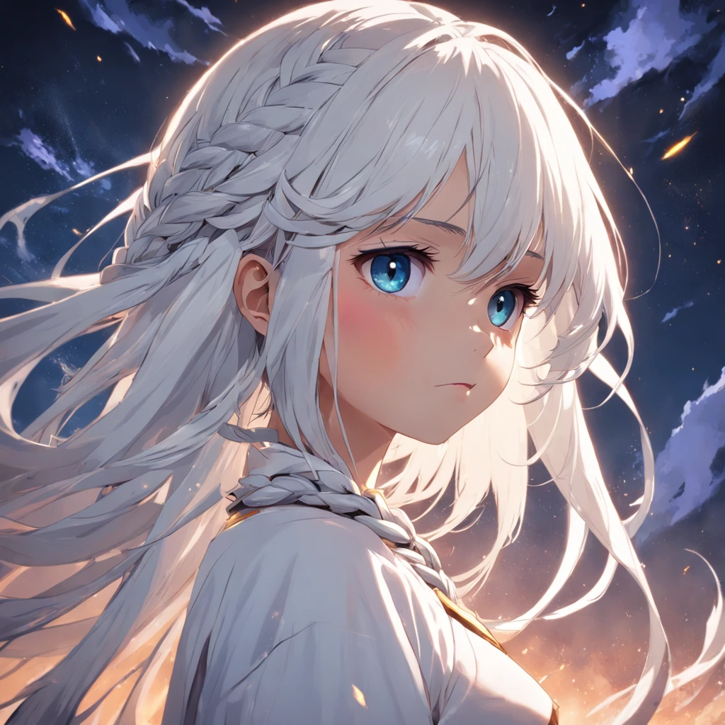 best quality, masterpiece,white hair, gold eyes,white clothes, looking up, upper body,hair strand,Fair skin,side braids