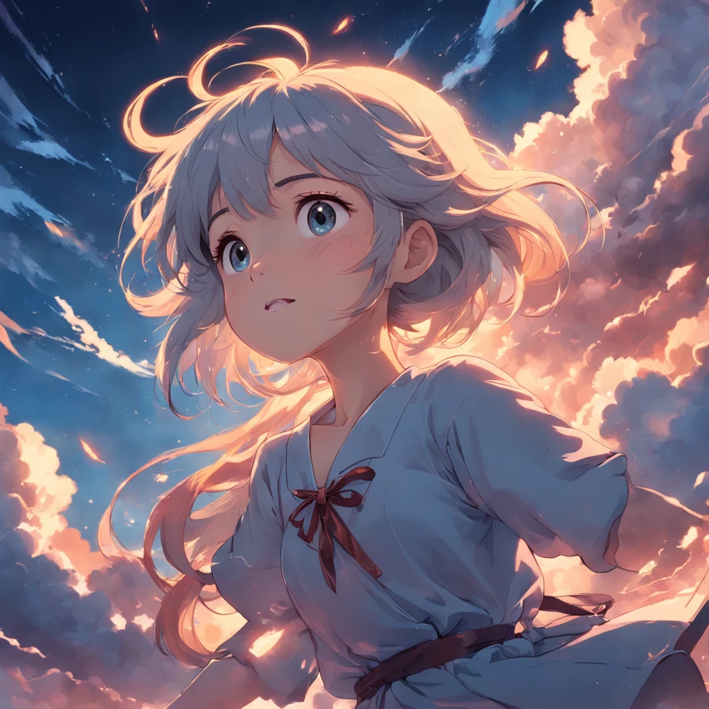 masterpiece, best quality, movie still, 1girl, cloud girl, floating in the sky, close-up, bright, happy, warm soft lighting, sunset, (sparks:0.7)
