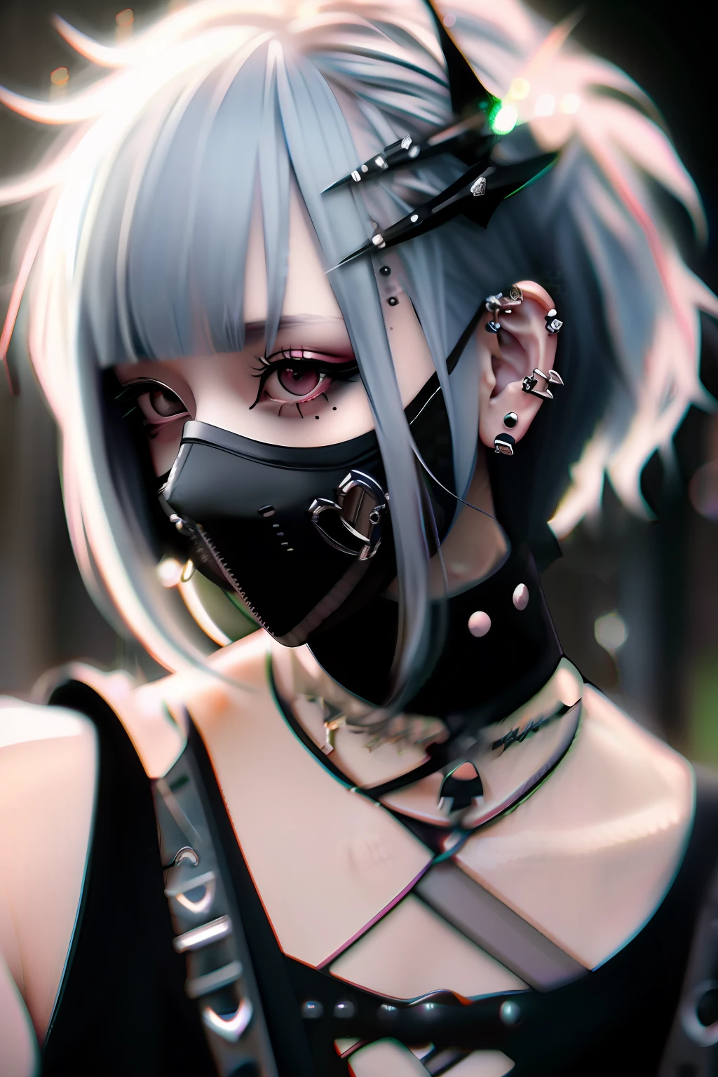 goth_punk, 1girl, solo, medium shot, walking in harajuku, ((night time)), bokeh, neon light, iridescent eyes, starry sky, white shimmer hair, white eyebrow, glowing hair, (iridescent white hair), earrings, bangs, jewelry, mask, blunt bangs, green eyes, mouth mask, blurry background, blurry, hair ornament, looking at viewer, short hair, portrait, sidelocks