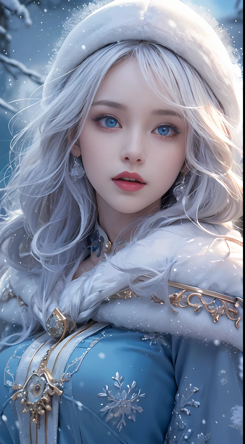 Photorealistic, high resolution, 1 Women, Solo, (ta costume)，Gorgeous costumes，Face the audience，The upper part of the body，upper legs， beautidful eyes, White hair, ringed eyes, (outside，Heavy snowfall，Cloak，Cover with snow)，snowfield，Blue eyes，Illustrations of the highest quality，A meticulous face