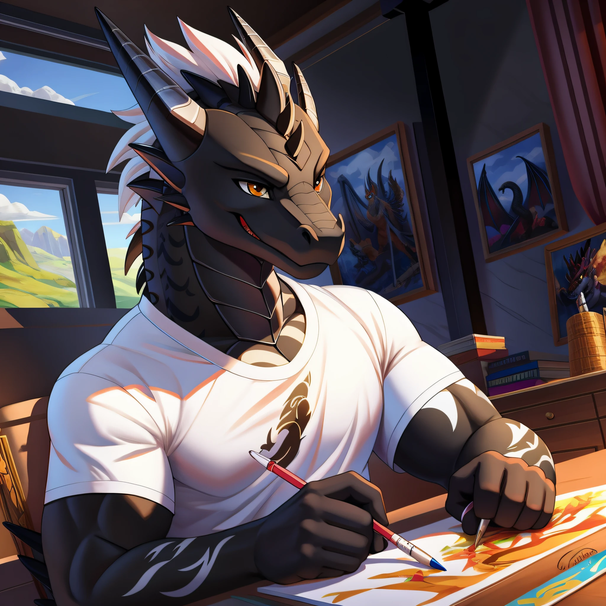 (masterpiece:1,2), best quality, masterpiece, highres, original, extremely detailed wallpaper, perfect lighting,(extremely detailed CG:1.2), drawing,dragon,wearing (a white t-shit a black dragon pattern:1.5),drawing,holding a long paintbrush,jock strap, bulge