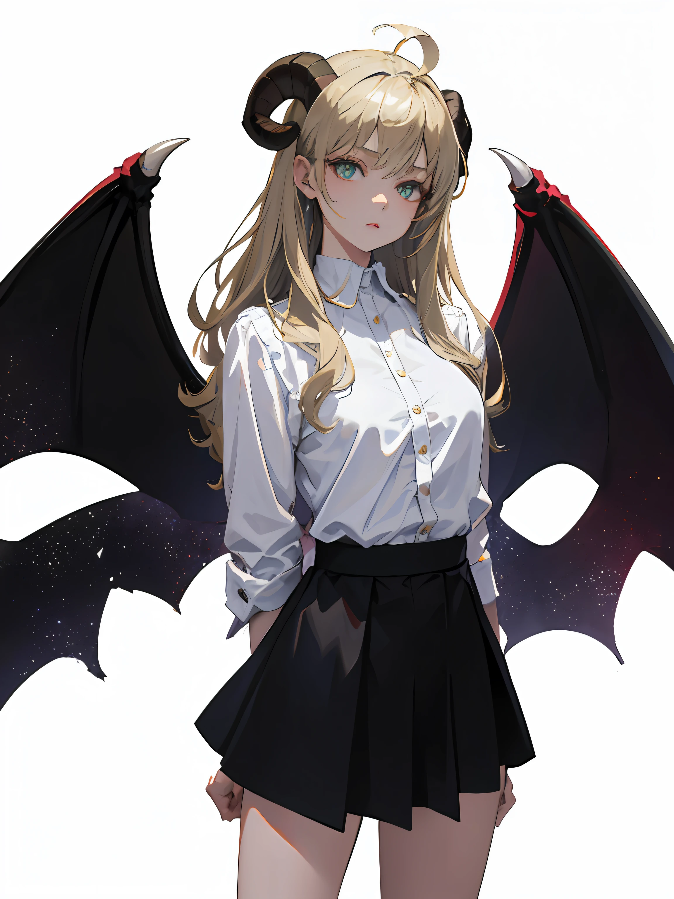 ((masterpiece, best quality)), (1girl), (solo), (female focus), (ahoge, ash blonde hair, long hair), green eyes, ((white shirt), (buttoned shirt)), ((black skirt), (short skirt)), standing, white background, arms behind back, bat wings on the waist, sheep horns, sad eyes, cold facial expression, cold look, pale skin, colour grading, dark illustration, extreme quality, radiant, extremely detailed, ultra-detailed face, ultra hd 8k, ultra digitality, mythical, dark lightning, sleepy eyes, detailed hands