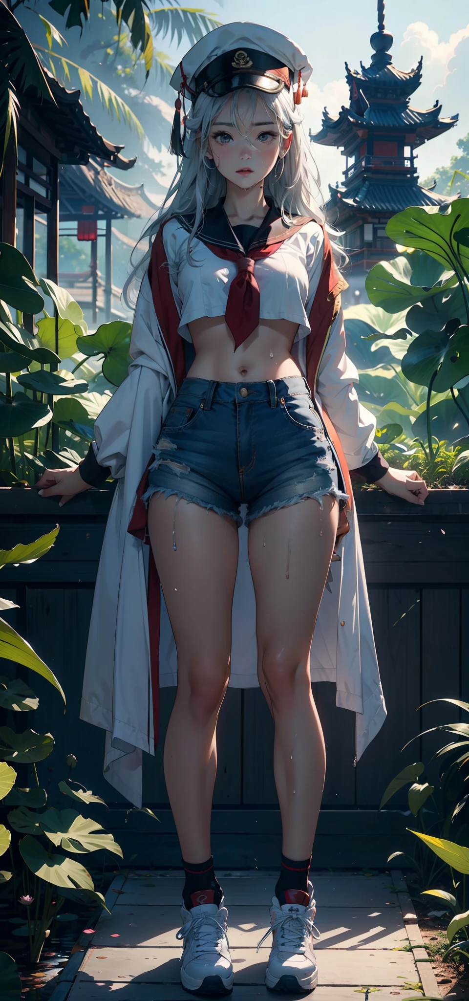 1female,3 years old,bit girl,Small loli,smallunderboob,Pornographic exposure, 独奏,(Background with:bamboo forrest,lotuses,lotus flower,exteriors,Lotus pond) She has short silver-white hair,standing on your feet,Sweat profusely,drenched all over the body,seen from the front, hair straight, mostly cloudy sky,(((tmasterpiece),(Very detailed CG unity 8K wallpaper),best qualtiy,cinmatic lighting,detailed back ground,beatiful detailed eyes,Bright pupils,Black eyes,(Very fine and beautiful),(Beautiful and detailed eye description),ultra - detailed,tmasterpiece,)),facing at camera,A high resolution,ultra - detailed),revealing breasts,Bare genitalia, Bulge,legs are open,Raised sexy,Camel toes,Flushed complexion,Open-mouthed,frontage,high school senior,Sailor's cap(Wearing:Chinese Ancient Times,Sailor uniform,Slave girl collar,Sexy denim shorts,athletic sneakers)Full body photo,Show shoes