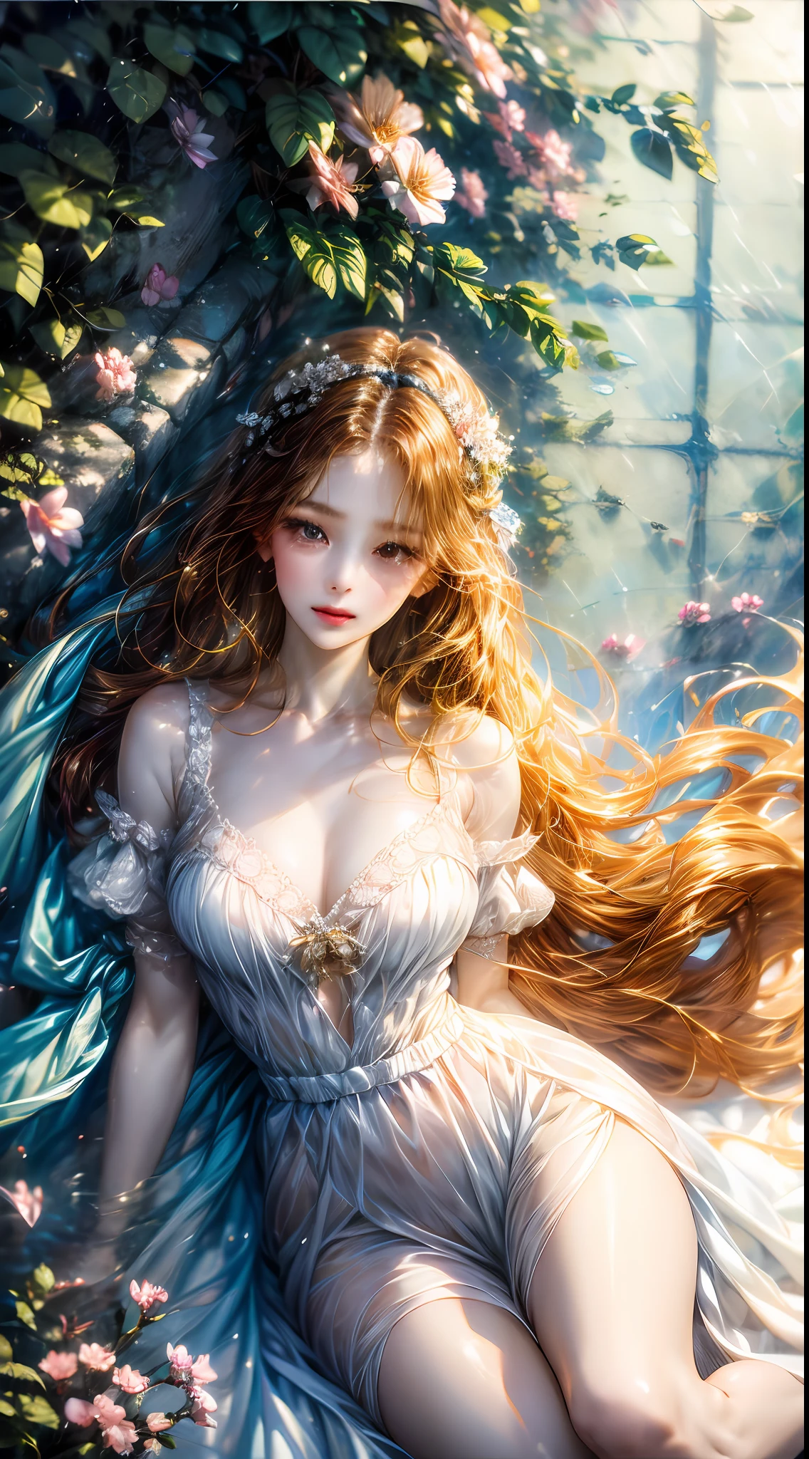 A girl，realisticlying，white dresses， The upper part of the body， Realistis，flowering trees，Floating hair， Detailed face Slender legs，The blouse is open，（（（Bigchest）））