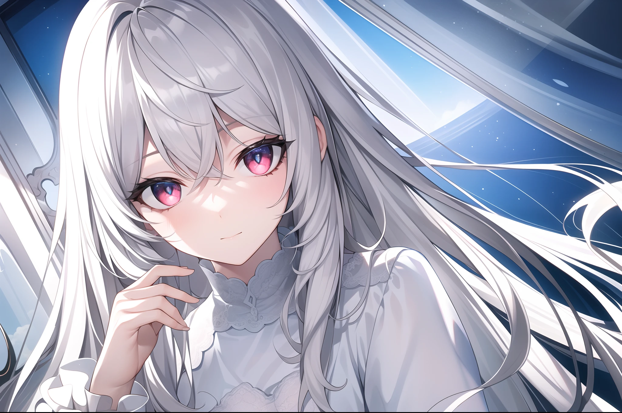((Masterpiece, Best quality))++, Detailed light+, Detail hair+, detail hand+ ,1girll, woman, Long hair, Crimson eyes, Beautiful eyes, Young gray hair,,(Beautiful white hair:1.5),(Beautiful detailed eyes), high resolution+, blacksilk , a black skirt, Glass tones, Reflective eyes, {{Angle}} , extremelydetailedwallpaper, Original, ,