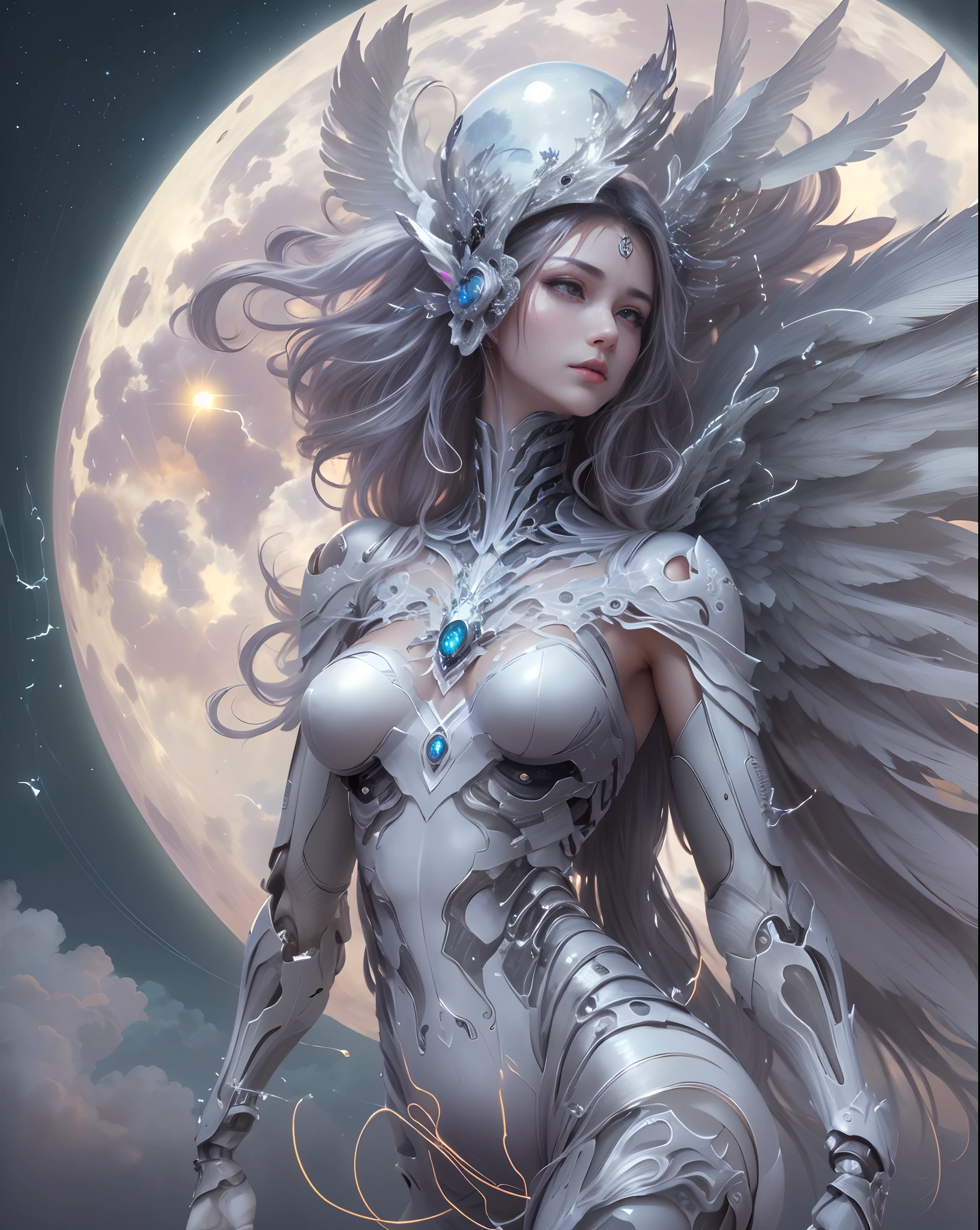 ((top-quality))、((masterpiece))、(detaileds)、Enchanting Angel、Beautiful angel in the night sky、Fantastic beauty、Perching on the clouds、(fantasy illustrations:1.3)、a captivating gaze、Pose Seductive、Delicate wings、Otherworldly charm、mystical sky、 (By Luis Royo:1.2)、(Yoshitaka Amano:1.1)、Moon Night、Soft colors、(detailed cloudscape:1.3)、(hight resolution:1.2)Complex 3d rendering ultra detailed beautiful porcelain profile female android face、cyborgs、roboticparts、150mm、Beautiful studio soft lights、Rim Light、Vivid details、luxuriouscyberpunk、Ren Hao、surrealistic、Anatomical、face muscles、cable electric wires、microchips、elegent、beatiful backgrounds、Big Red Full Moon、octan render、HR Giger Style、8K、top-quality、masterpiece、illustratio、extremely delicate and beautiful、A highly detailed、nffsw、unification、wall-paper、(realisitic、Photorealsitic:1.37)、magnifica、Finely detailed、masterpiece、top-quality、Official art、Highly detailed ticker Unity 8K wallpapers、absurderes、incredibly absurdness、机器人、Silver Halmet、full body Esbian、sitting on、the skin is white, Transparent and beautiful、